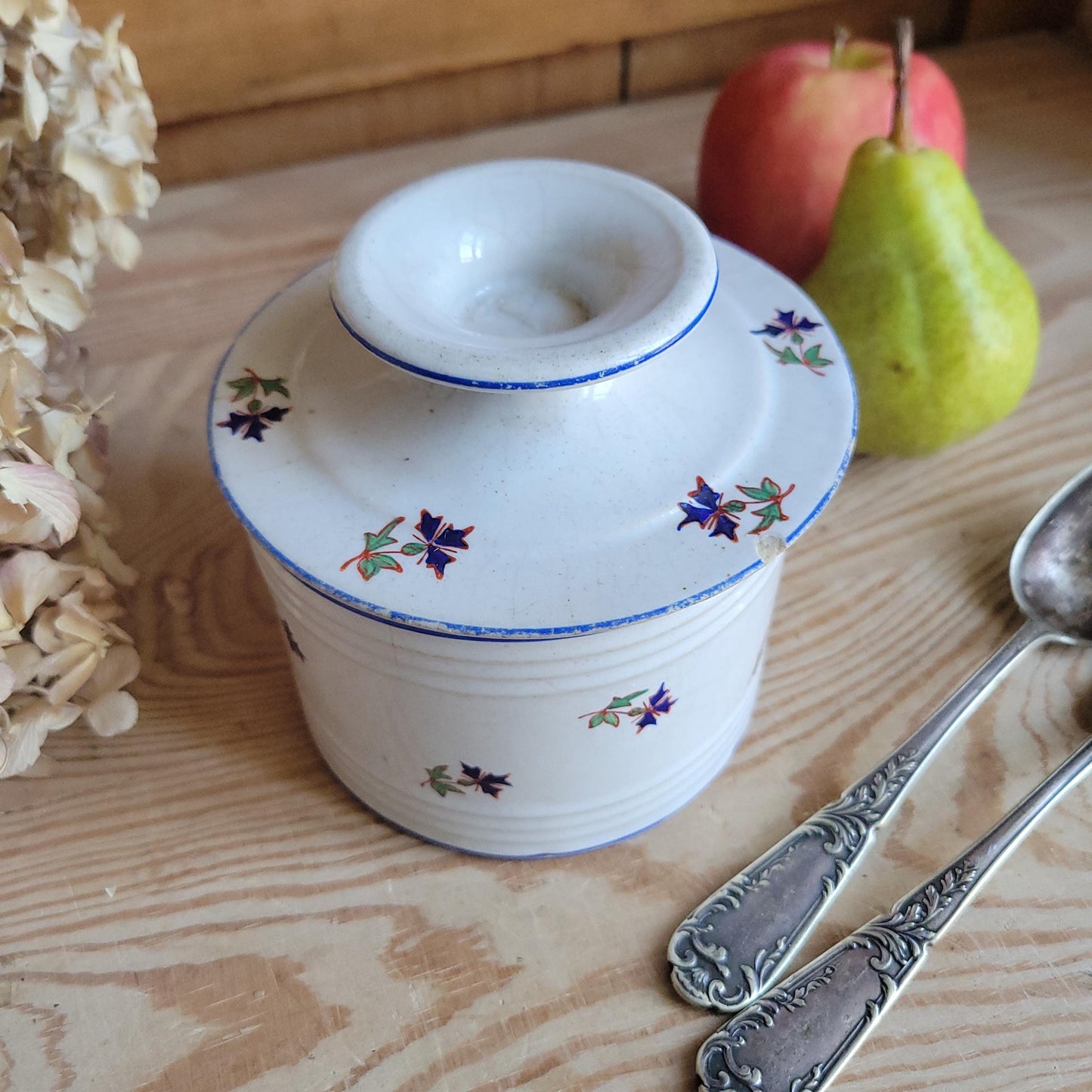 Rare St Uze Butter Keeper with Polychrome Floral Decoration, France c.1900
