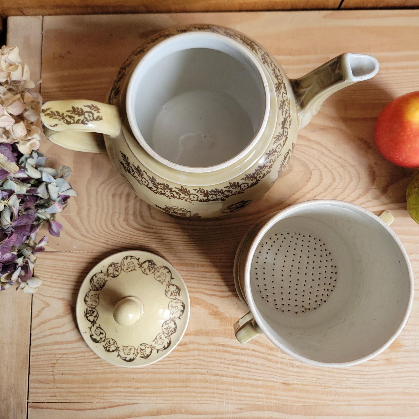 Rare Antique brown St Uze Tisane Set, Floral Stoneware, France c.1890