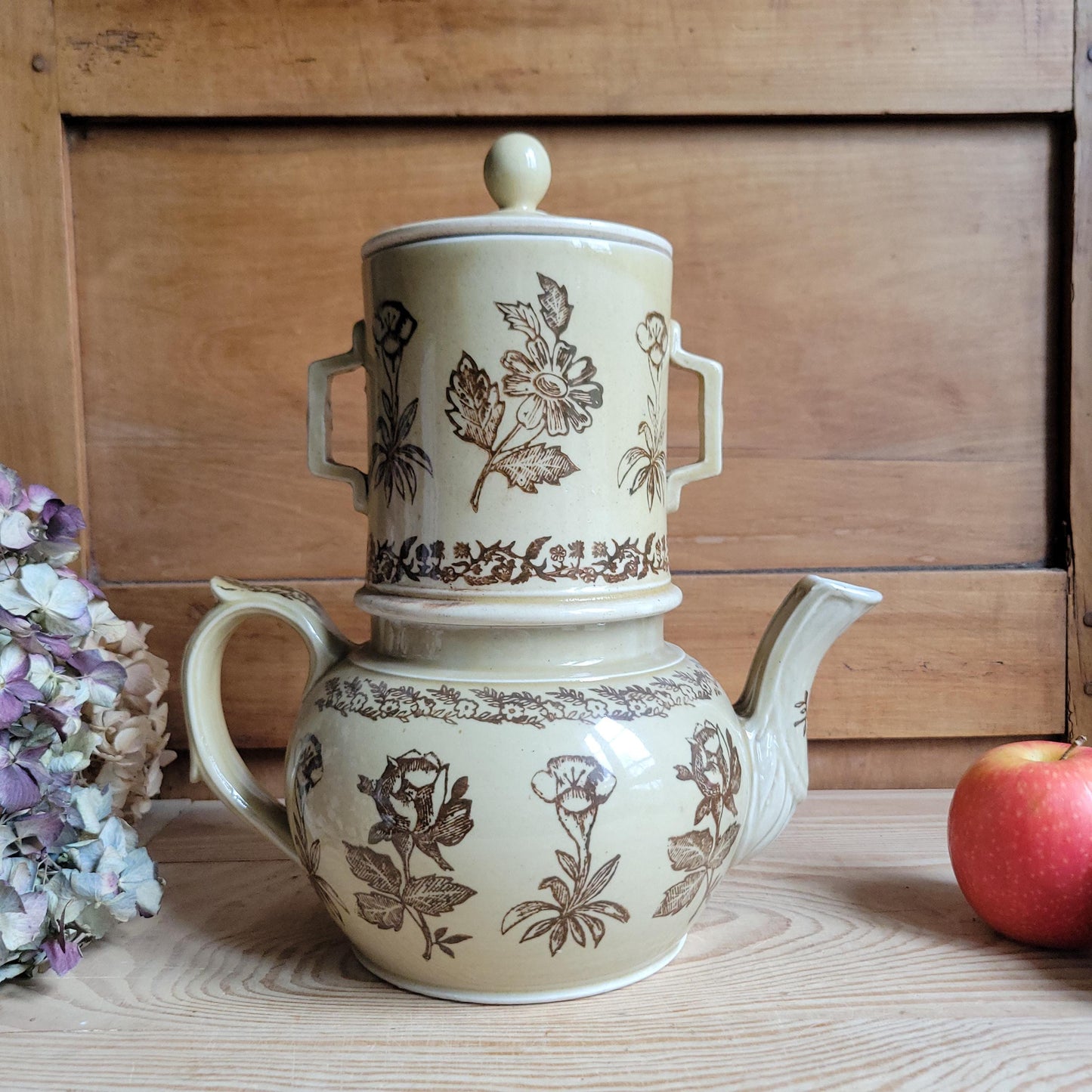 Rare Antique brown St Uze Tisane Set, Floral Stoneware, France c.1890