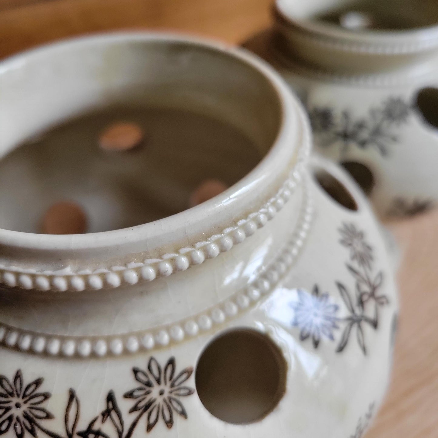 Aantique stoneware St Uze tulip holders in rare brown St Uze, block printed floral designs France c 1920