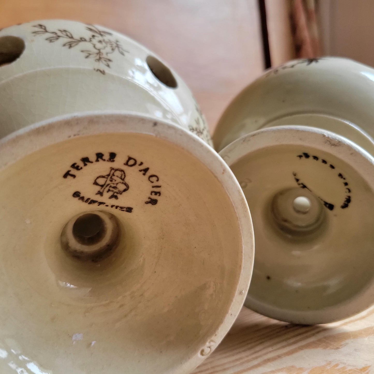 Aantique stoneware St Uze tulip holders in rare brown St Uze, block printed floral designs France c 1920