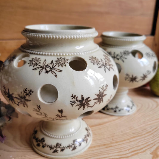Aantique stoneware St Uze tulip holders in rare brown St Uze, block printed floral designs France c 1920
