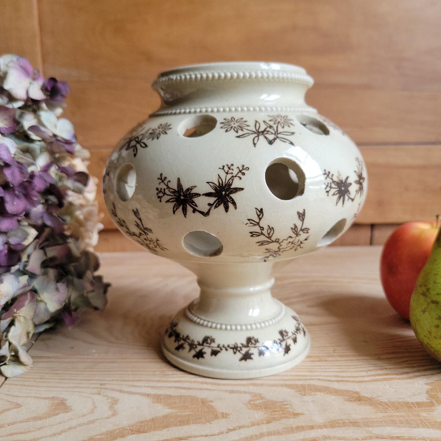Aantique stoneware St Uze tulip holders in rare brown St Uze, block printed floral designs France c 1920