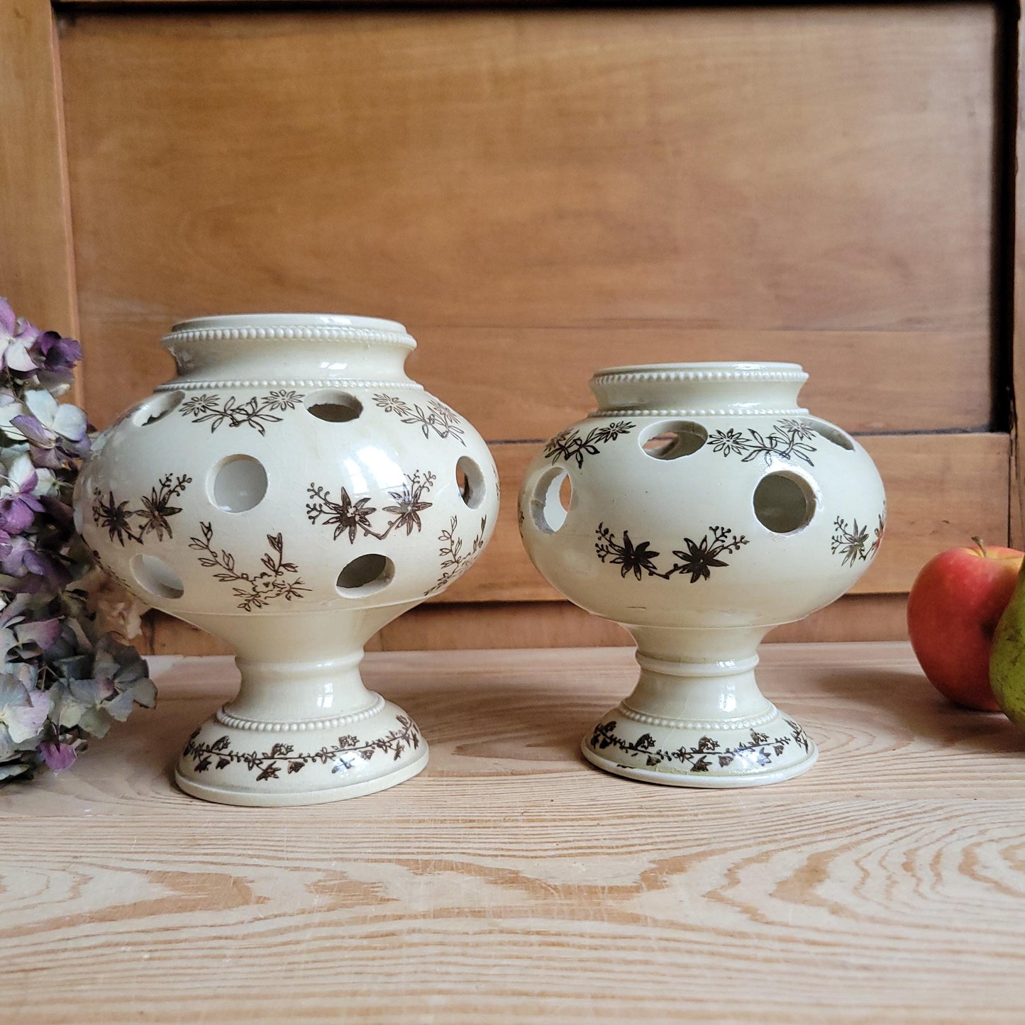 Aantique stoneware St Uze tulip holders in rare brown St Uze, block printed floral designs France c 1920