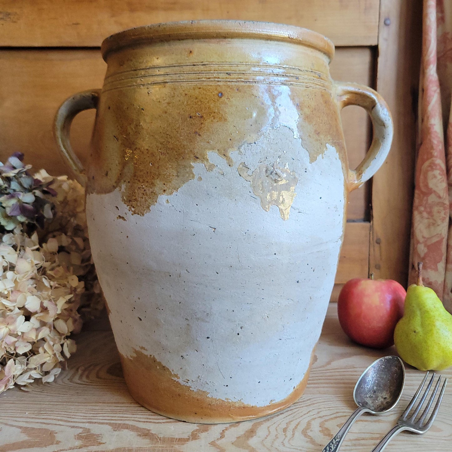 Antique French Confit Pot-two handled stoneware, pale brown part glaze and ecru ground early 1900s