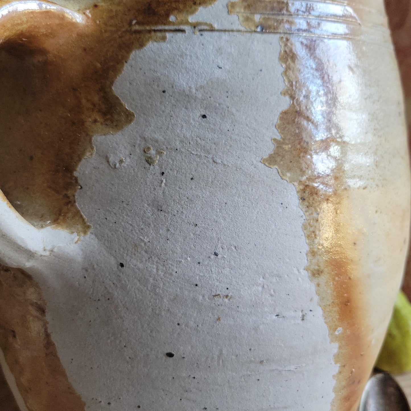 Antique French Confit Pot-two handled stoneware, pale brown part glaze and ecru ground early 1900s