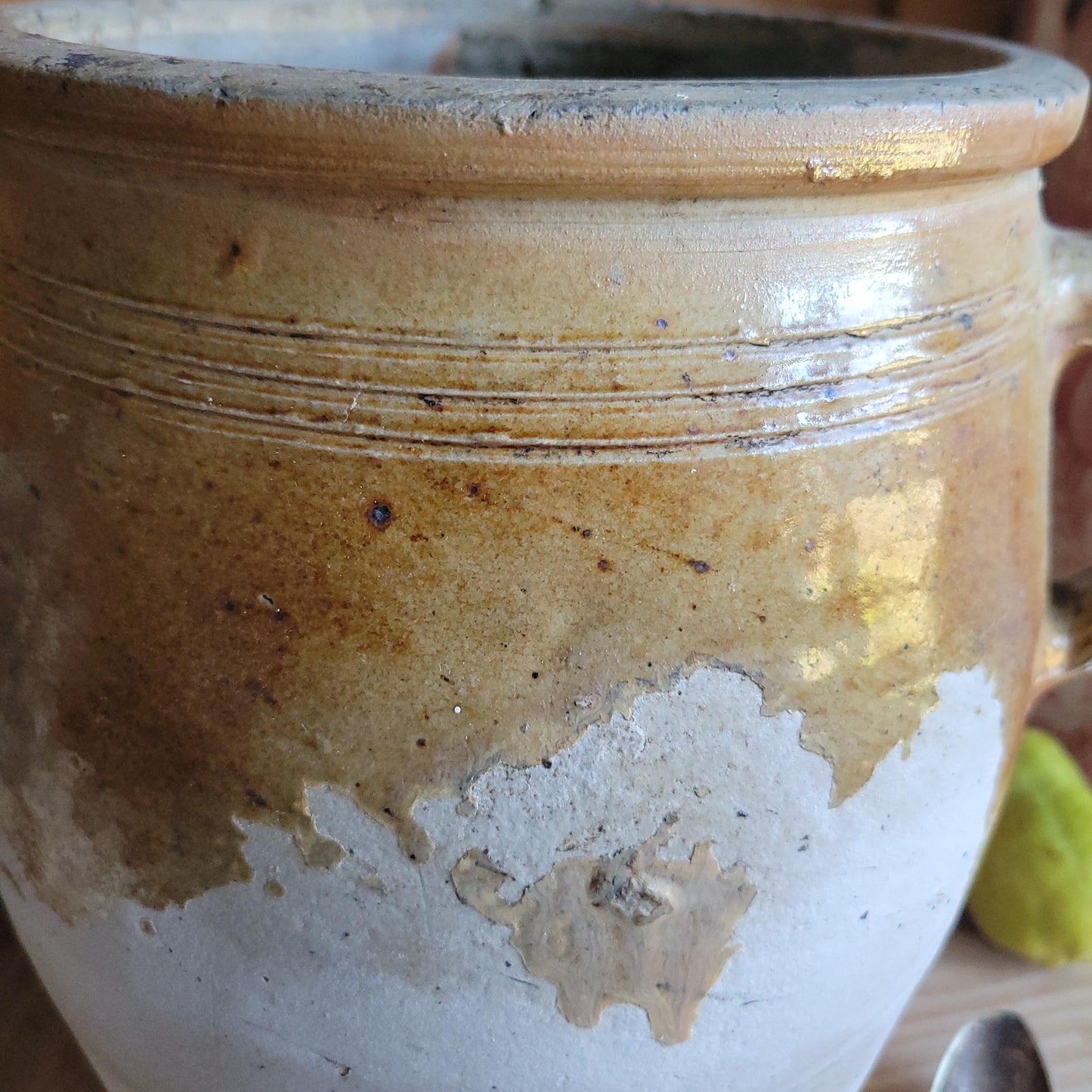 Antique French Confit Pot-two handled stoneware, pale brown part glaze and ecru ground early 1900s
