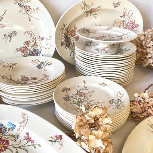 French Antique 10 to 20-Place Dinner Service, 45pc polychrome Floral Design, Salins 'Bluets' c1900