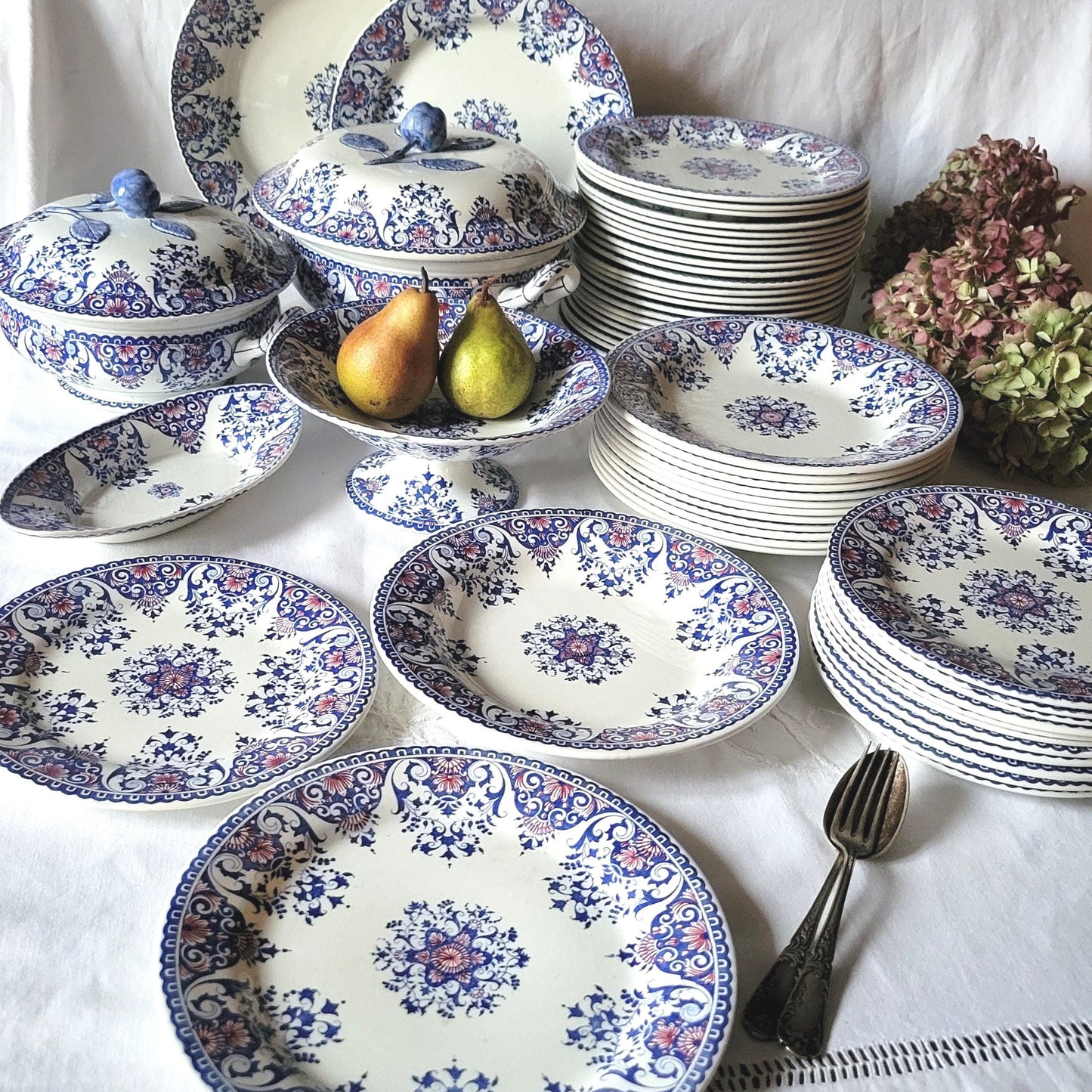 Vintage Gien Dinner Service, 62 pc Blue Red Transferware, France