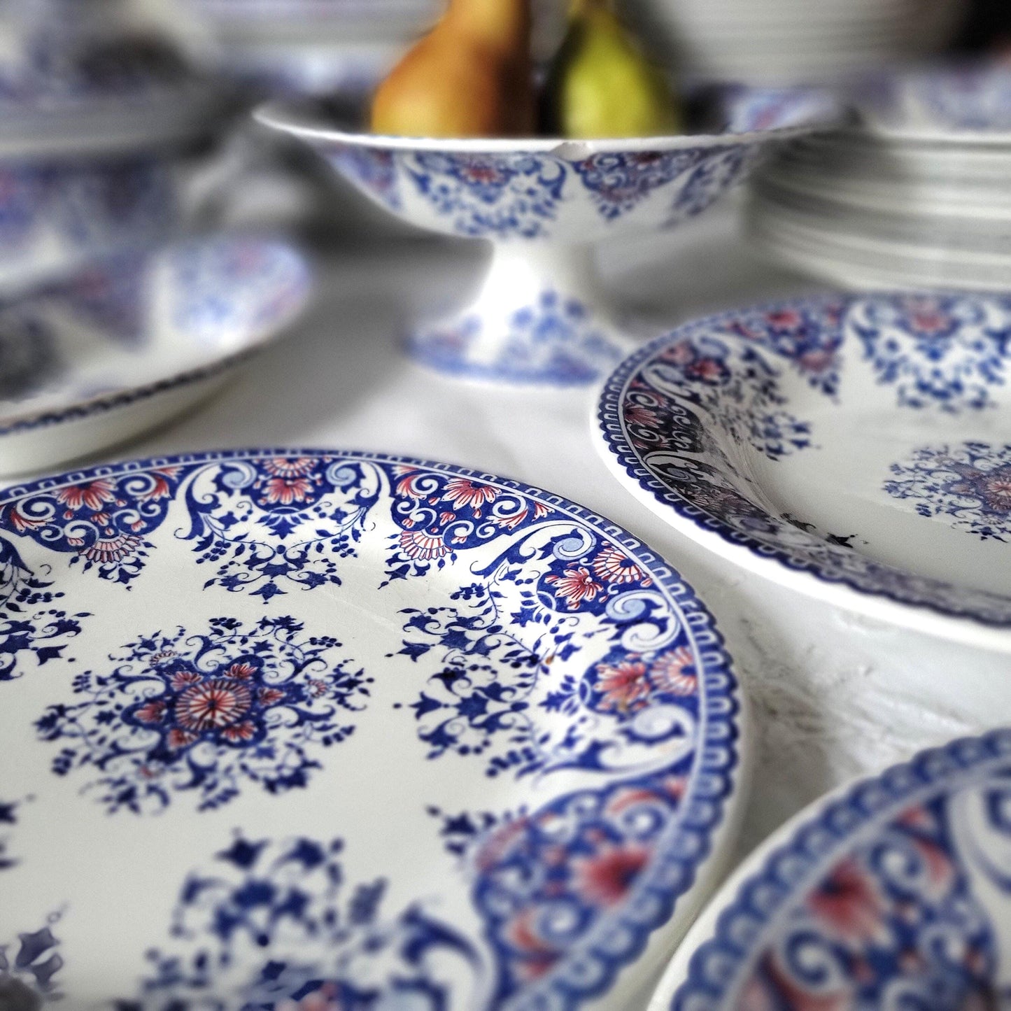 Vintage Gien Dinner Service, 62 pc Blue Red Transferware, France