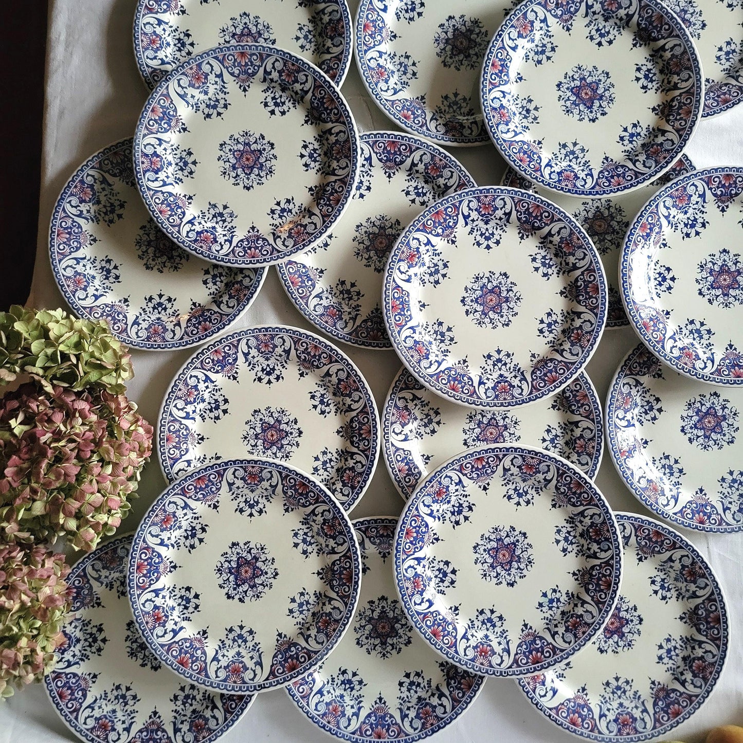Vintage Gien Dinner Service, 62 pc Blue Red Transferware, France