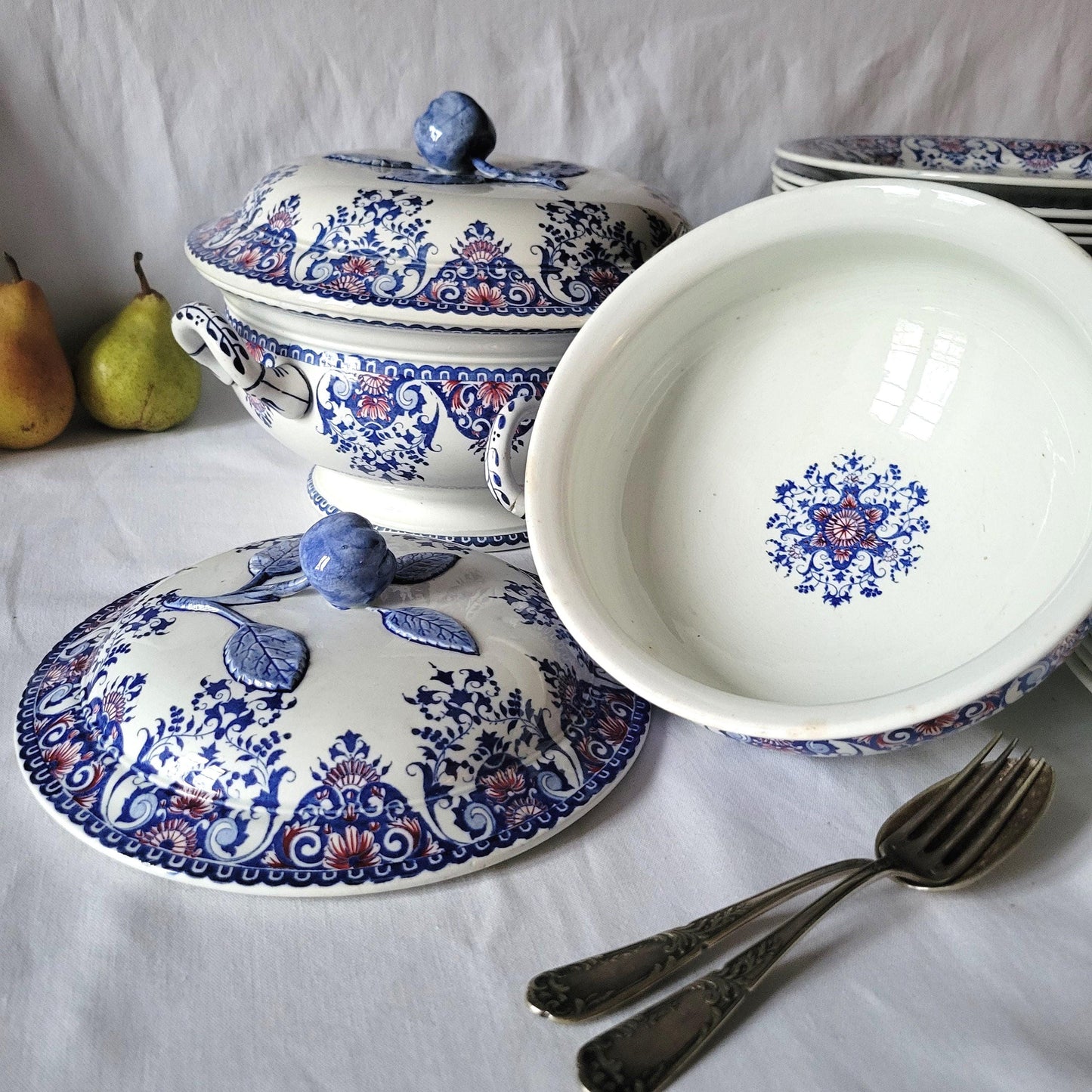 Vintage Gien Dinner Service, 62 pc Blue Red Transferware, France
