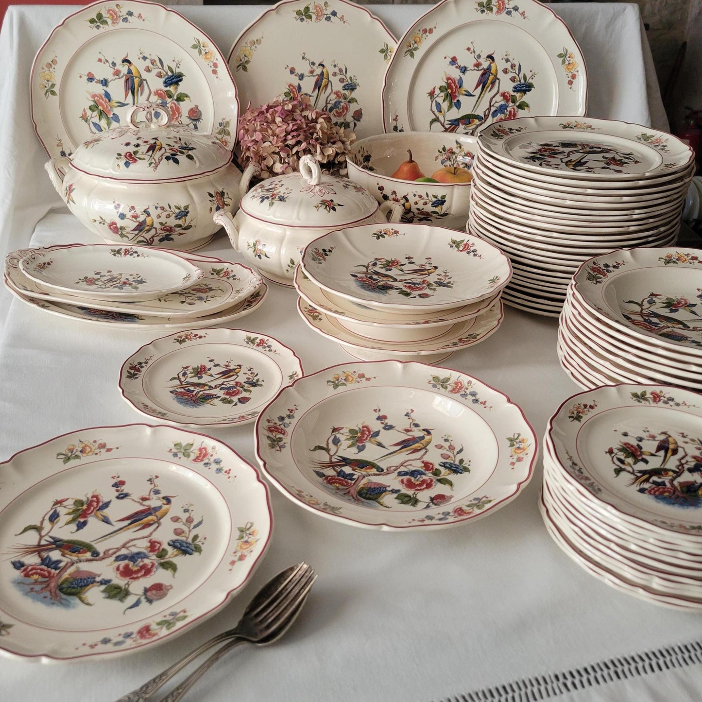 Vintage Villeroy & Boch 12-24 Place Dinner Service, Phoenix Bird Floral Design, 60pc