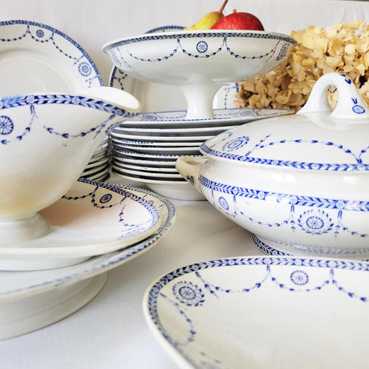 Antique French Ironstone 12-place Dinner Service, Blue Transferware Luneville 'Bonaparte', 30pc