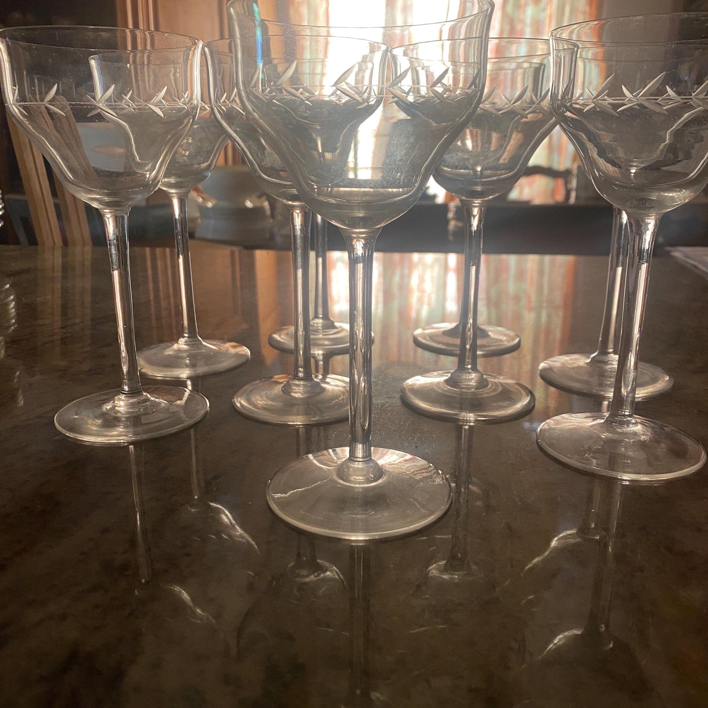 Set of 10 (9+1 free) French wine glasses, stemmed glasses for wine, engraved cut crystal c1920-1940