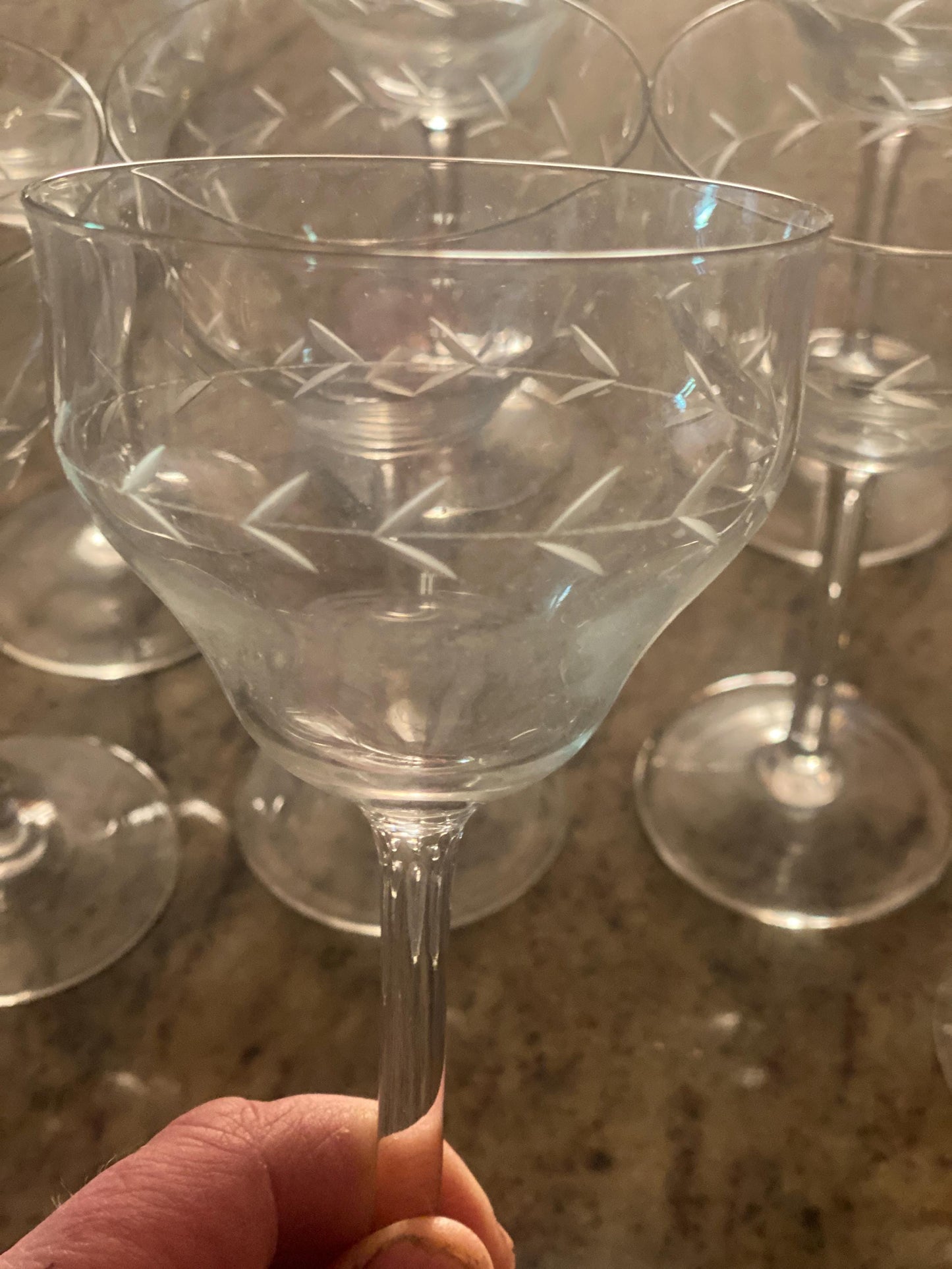 Set of 10 (9+1 free) French wine glasses, stemmed glasses for wine, engraved cut crystal c1920-1940