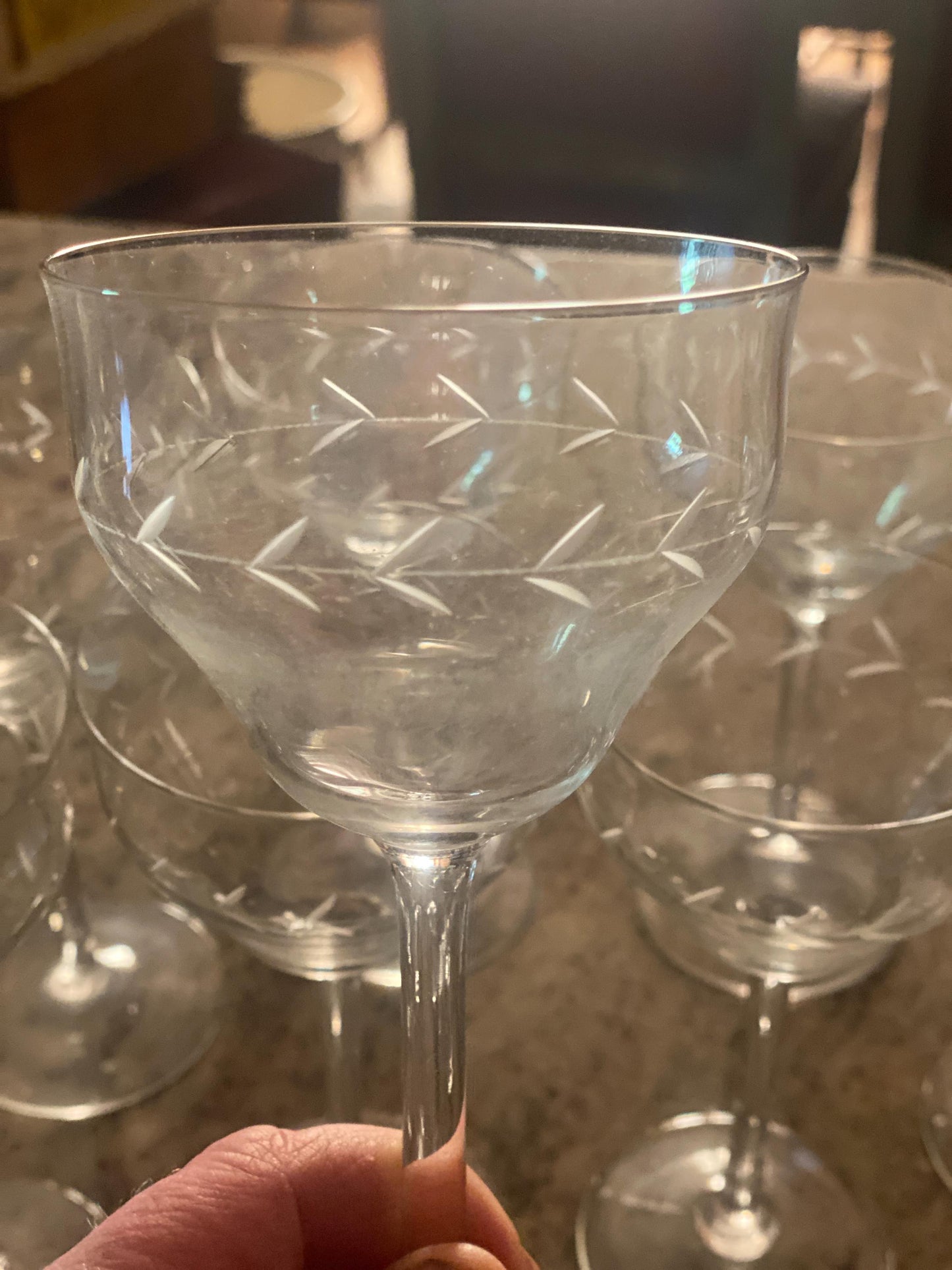 Set of 10 (9+1 free) French wine glasses, stemmed glasses for wine, engraved cut crystal c1920-1940