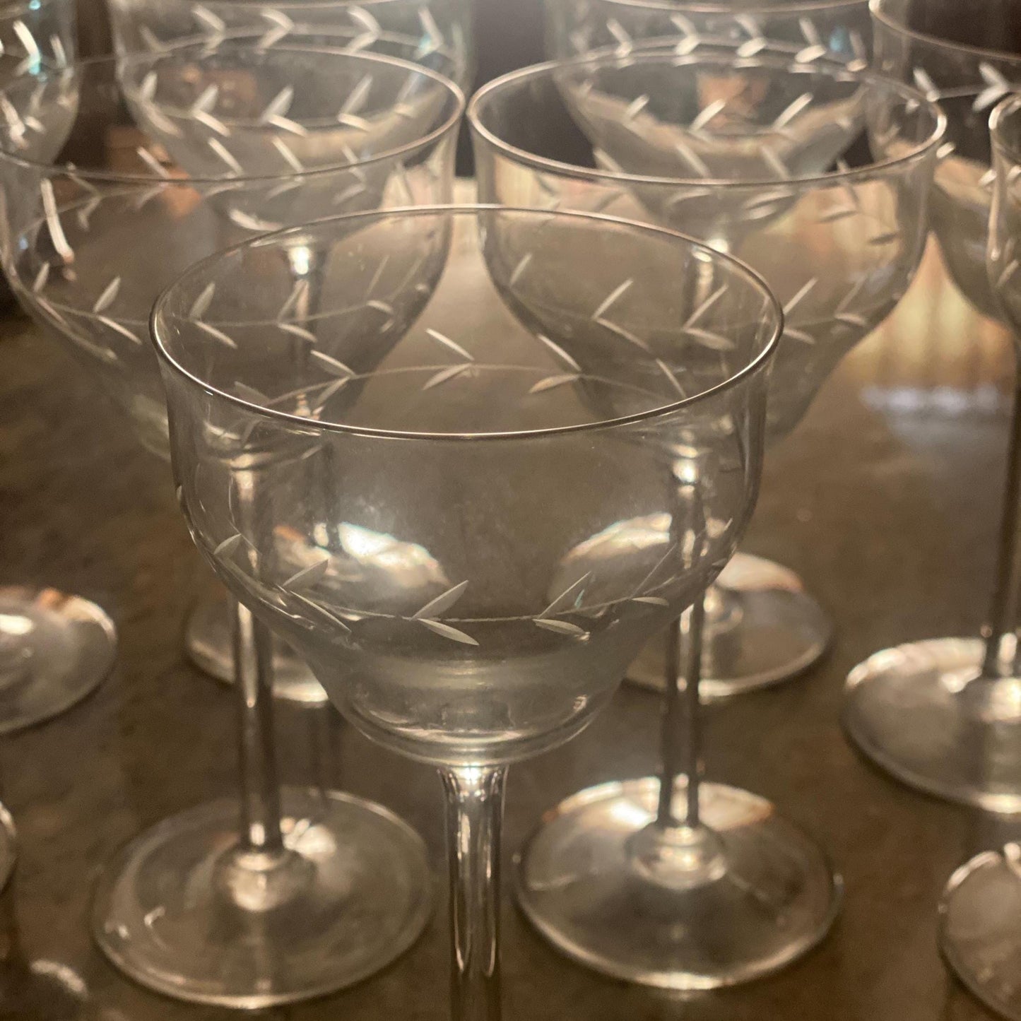 Set of 10 (9+1 free) French wine glasses, stemmed glasses for wine, engraved cut crystal c1920-1940