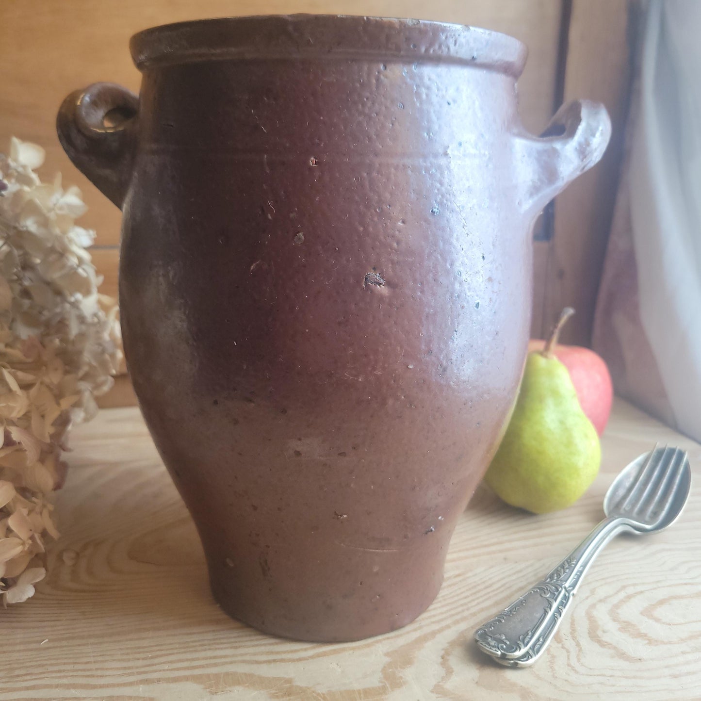 Vintage French salt or Confit Pot - richly glazed handled stoneware, chocolate brown, early to mid 1900s