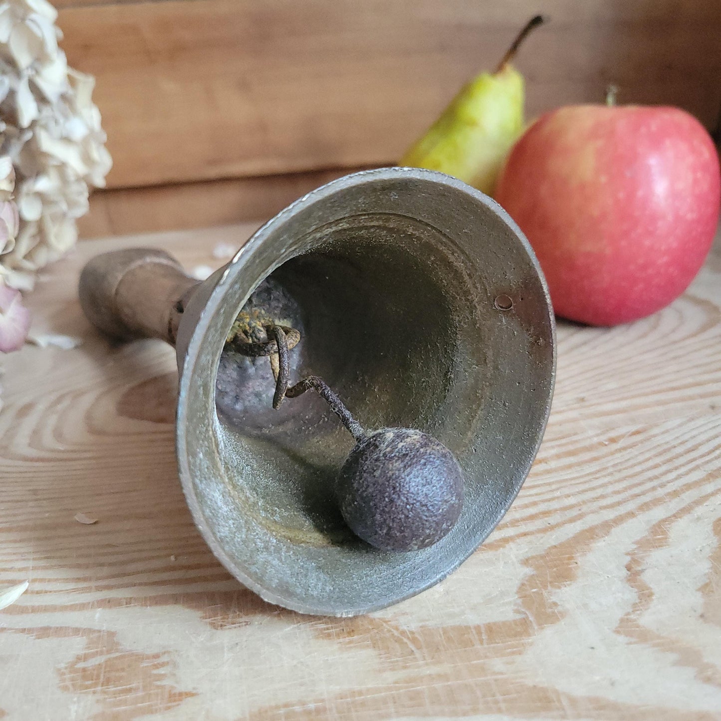 Antique Brass Hand Bell with Repaired Wooden Handle, France c.1870