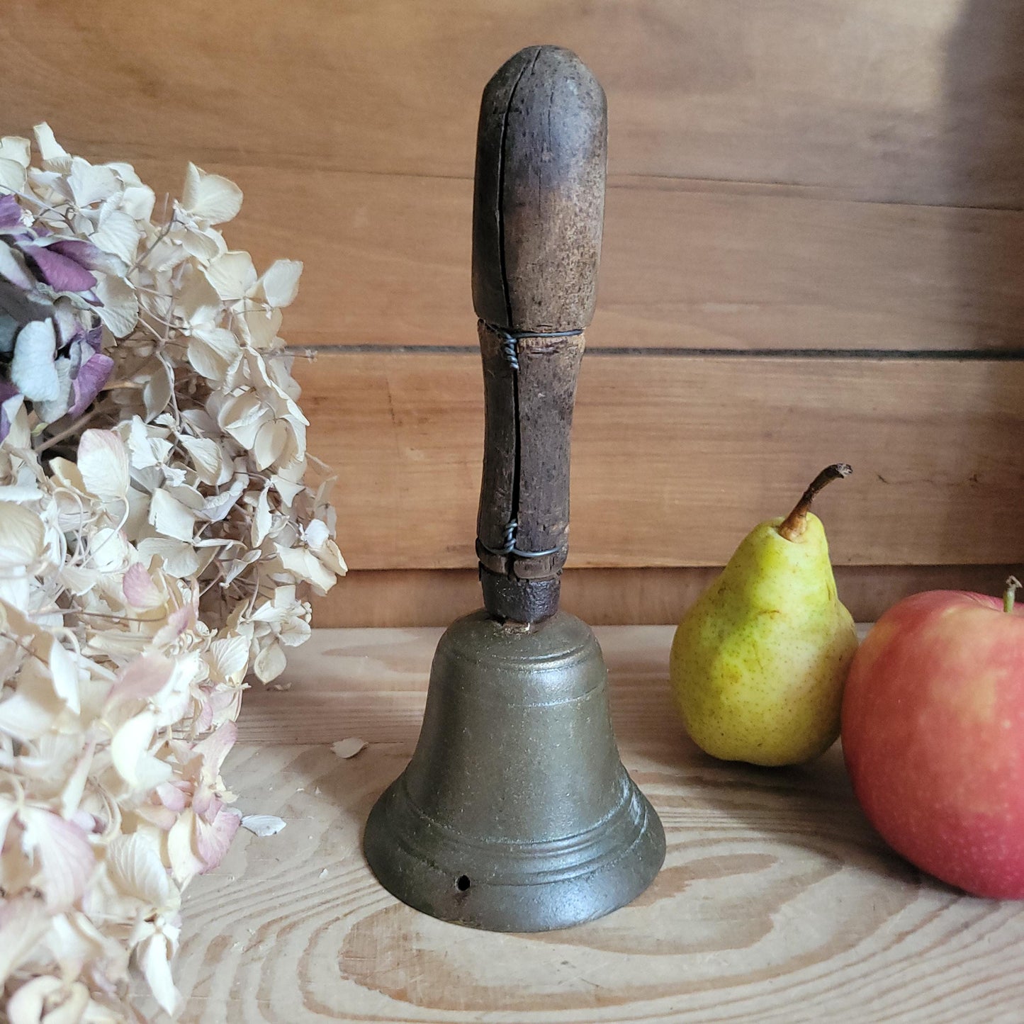 Antique Brass Hand Bell with Repaired Wooden Handle, France c.1870