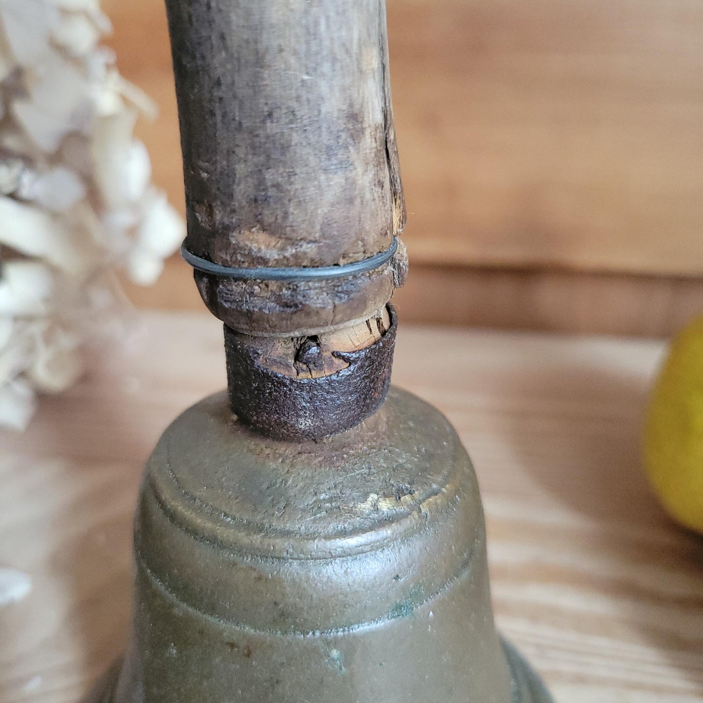 Antique Brass Hand Bell with Repaired Wooden Handle, France c.1870