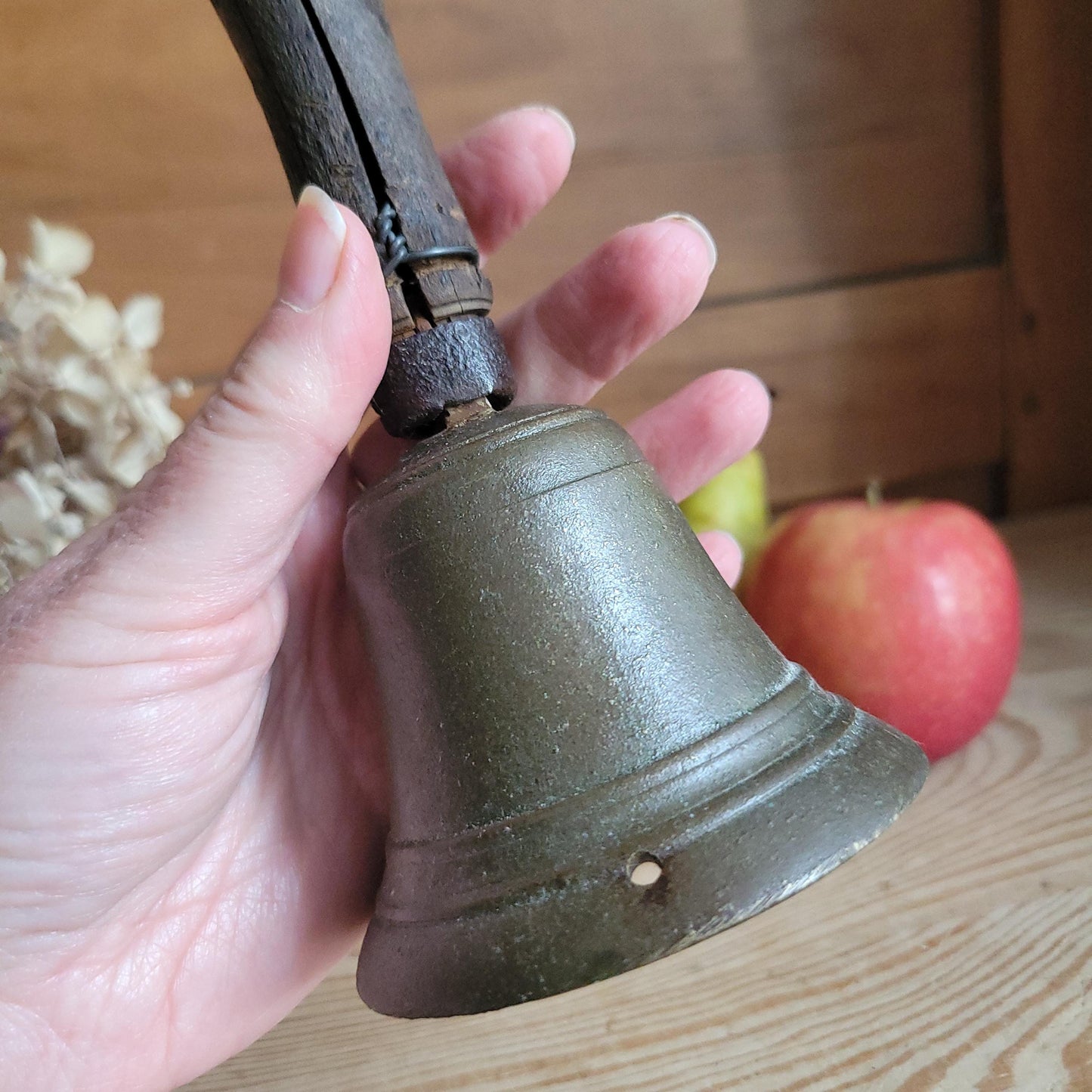 Antique Brass Hand Bell with Repaired Wooden Handle, France c.1870