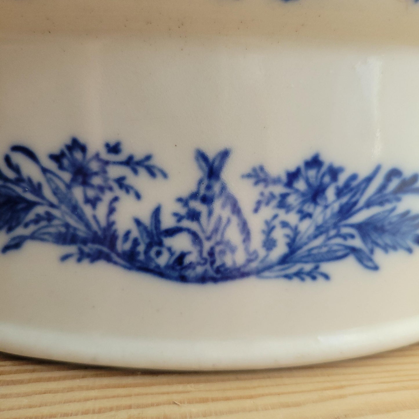 Large St Uze lidded terrine dish with Blue Floral & rabbit decoration, France c.1900