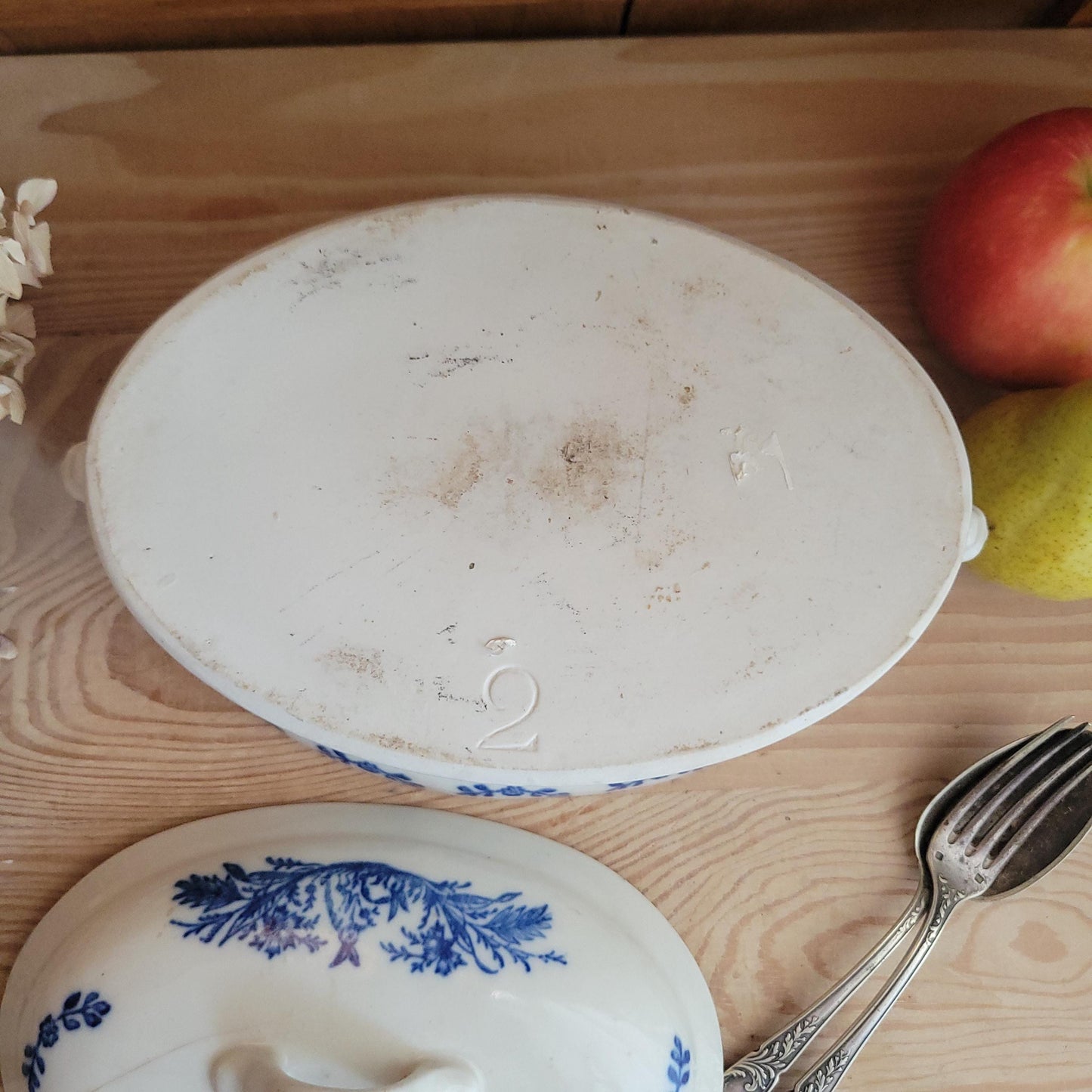 Large St Uze lidded terrine dish with Blue Floral & rabbit decoration, France c.1900