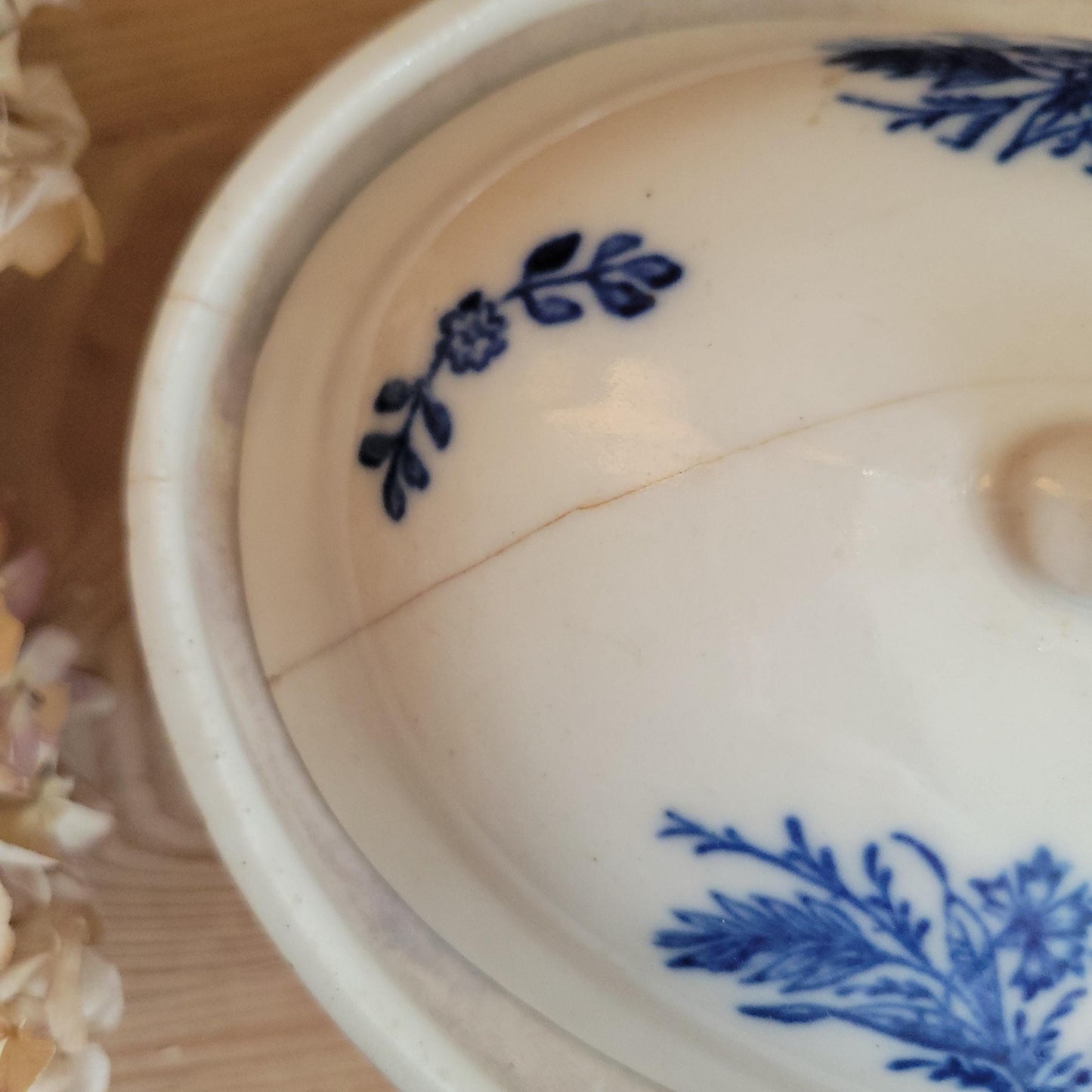 Large St Uze lidded terrine dish with Blue Floral & rabbit decoration, France c.1900