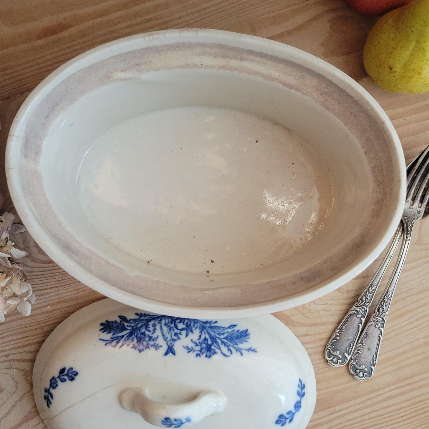 Large St Uze lidded terrine dish with Blue Floral & rabbit decoration, France c.1900