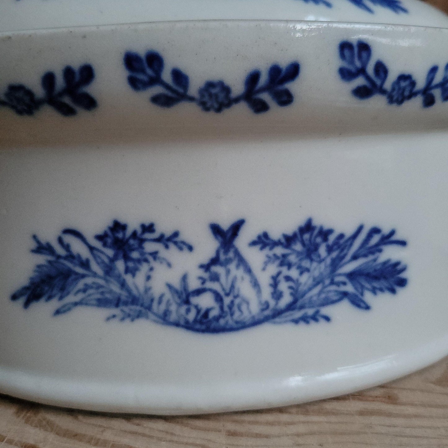 Large St Uze lidded terrine dish with Blue Floral & rabbit decoration, France c.1900