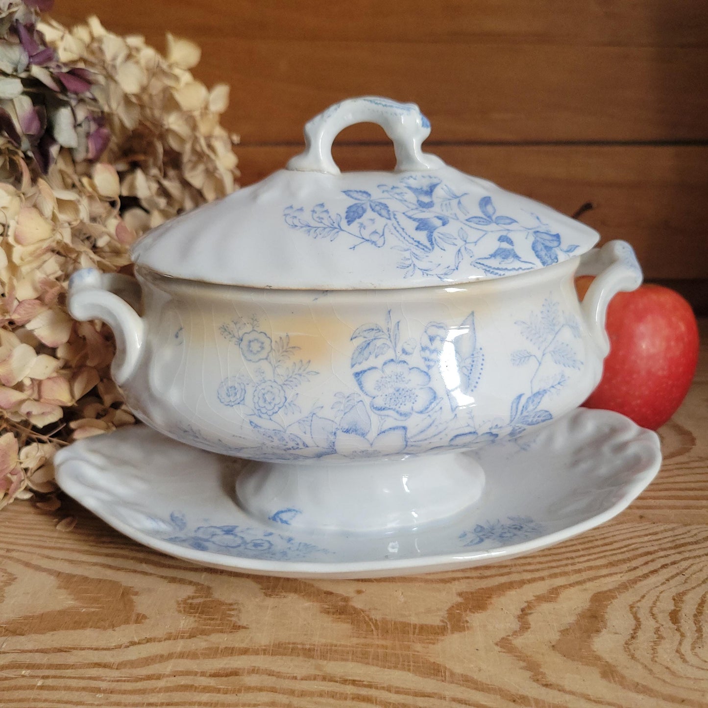 Antique Lilac Blue Transferware Saucier with Lid and Stand, France c.1890