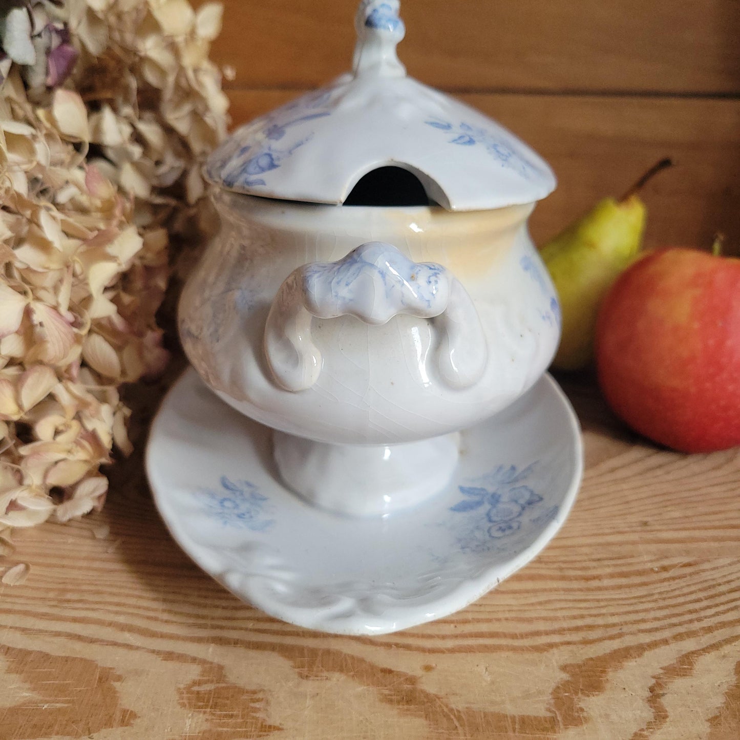 Antique Lilac Blue Transferware Saucier with Lid and Stand, France c.1890