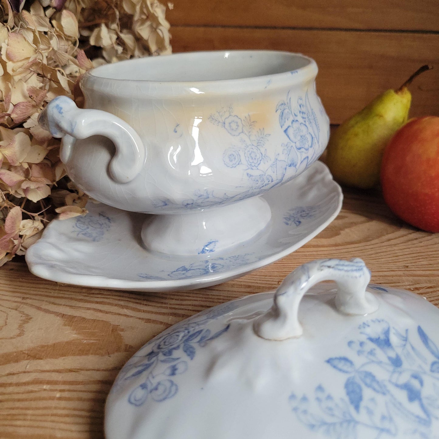Antique Lilac Blue Transferware Saucier with Lid and Stand, France c.1890