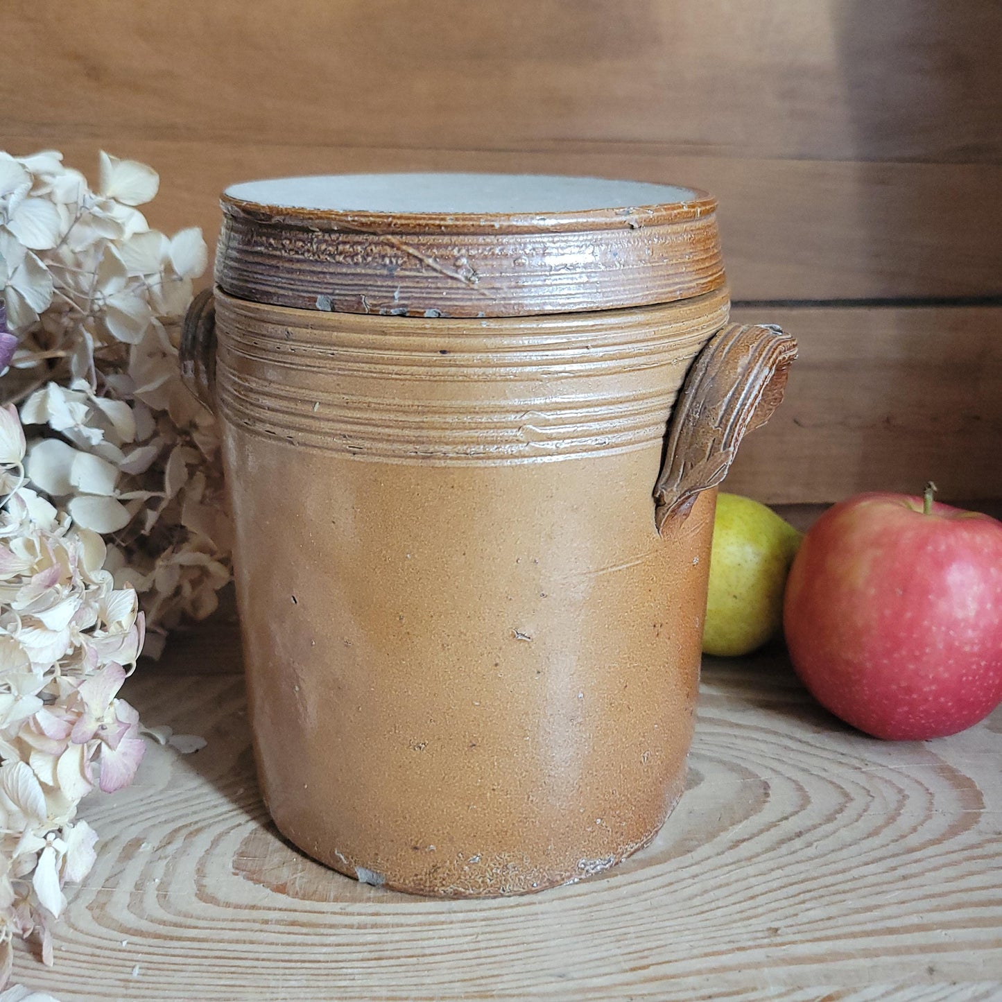 Straight-sided Cylindrical Confit Pot with Lid, Mid Brown Glaze, Saint-Amand-en-Puisaye c.1920