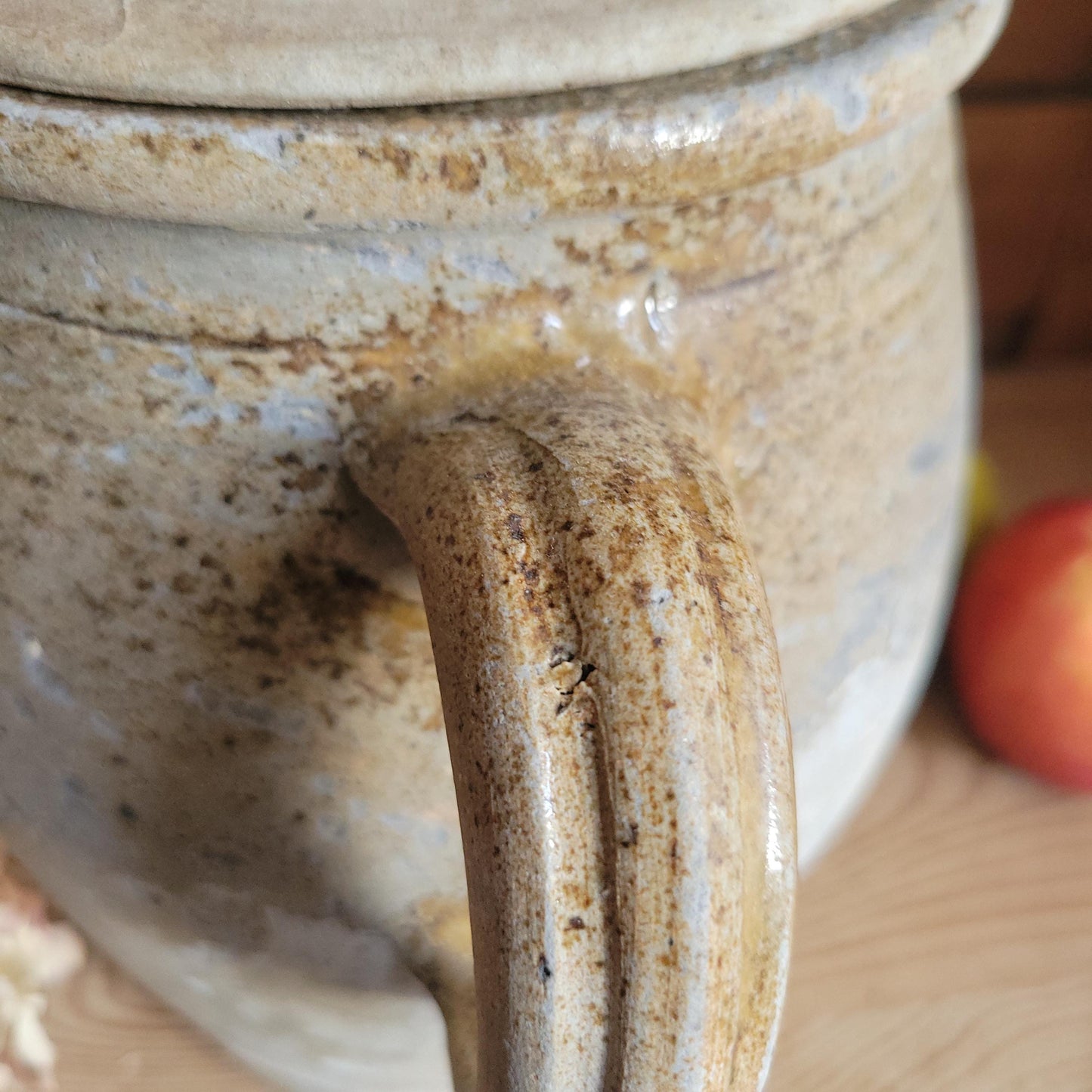 Antique Confit Pot, Two-Handled Ecru Stoneware with Brown Glaze, La Borne c.1920