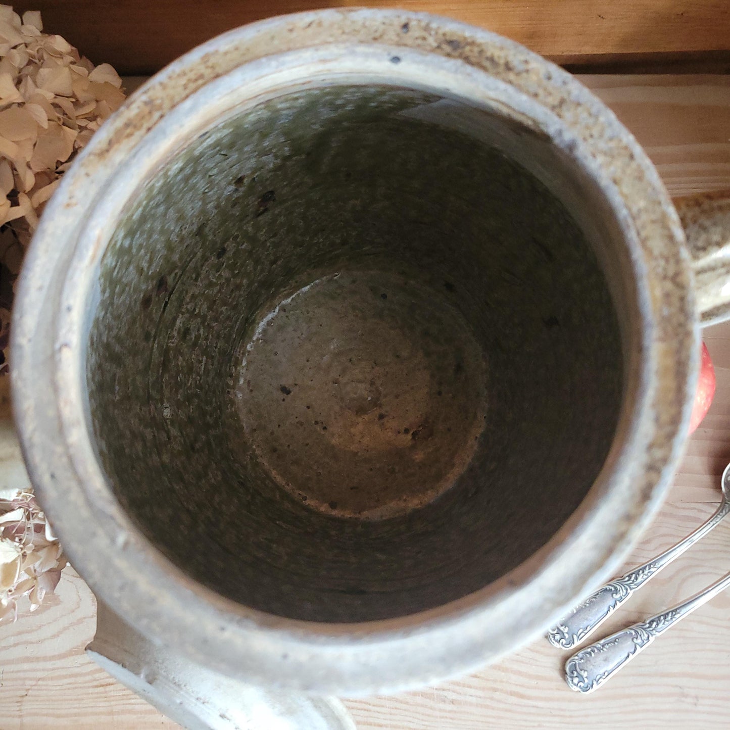 Antique Confit Pot, Two-Handled Ecru Stoneware with Brown Glaze, La Borne c.1920