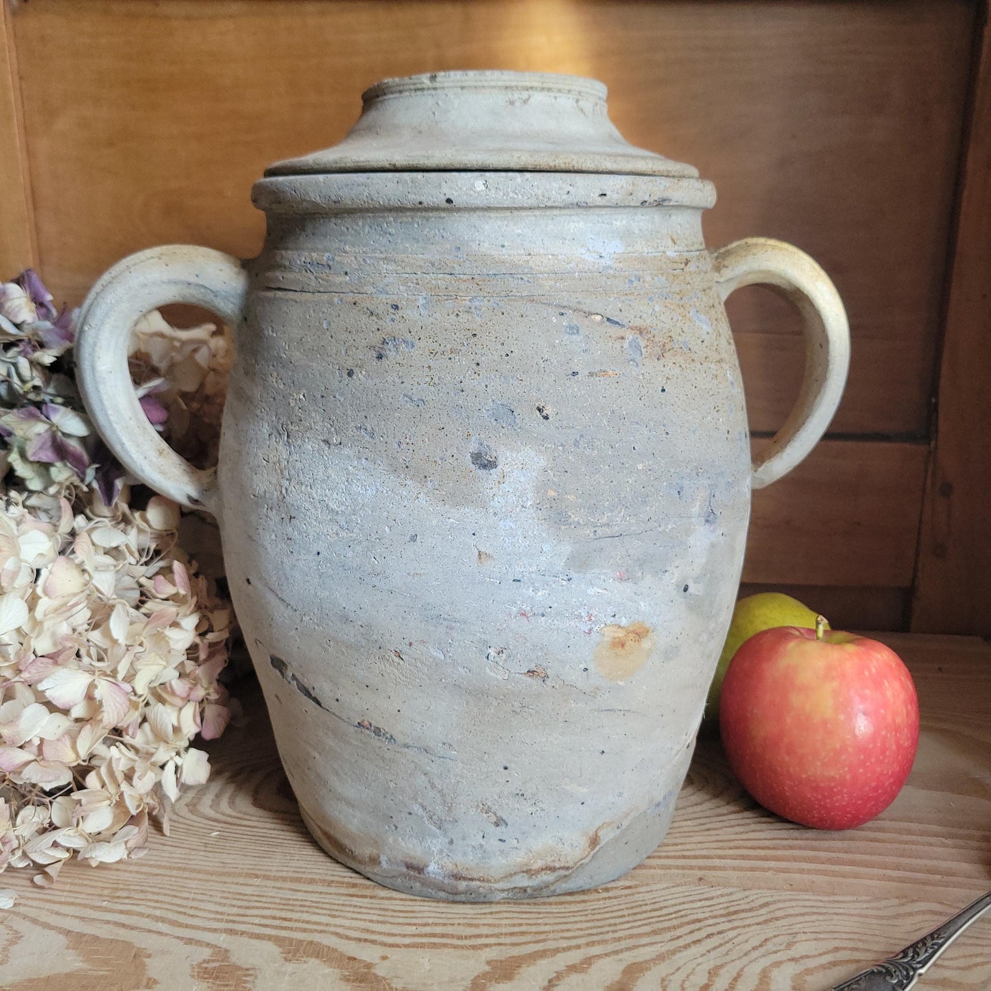 Antique Confit Pot, Two-Handled Ecru Stoneware with Brown Glaze, La Borne c.1920