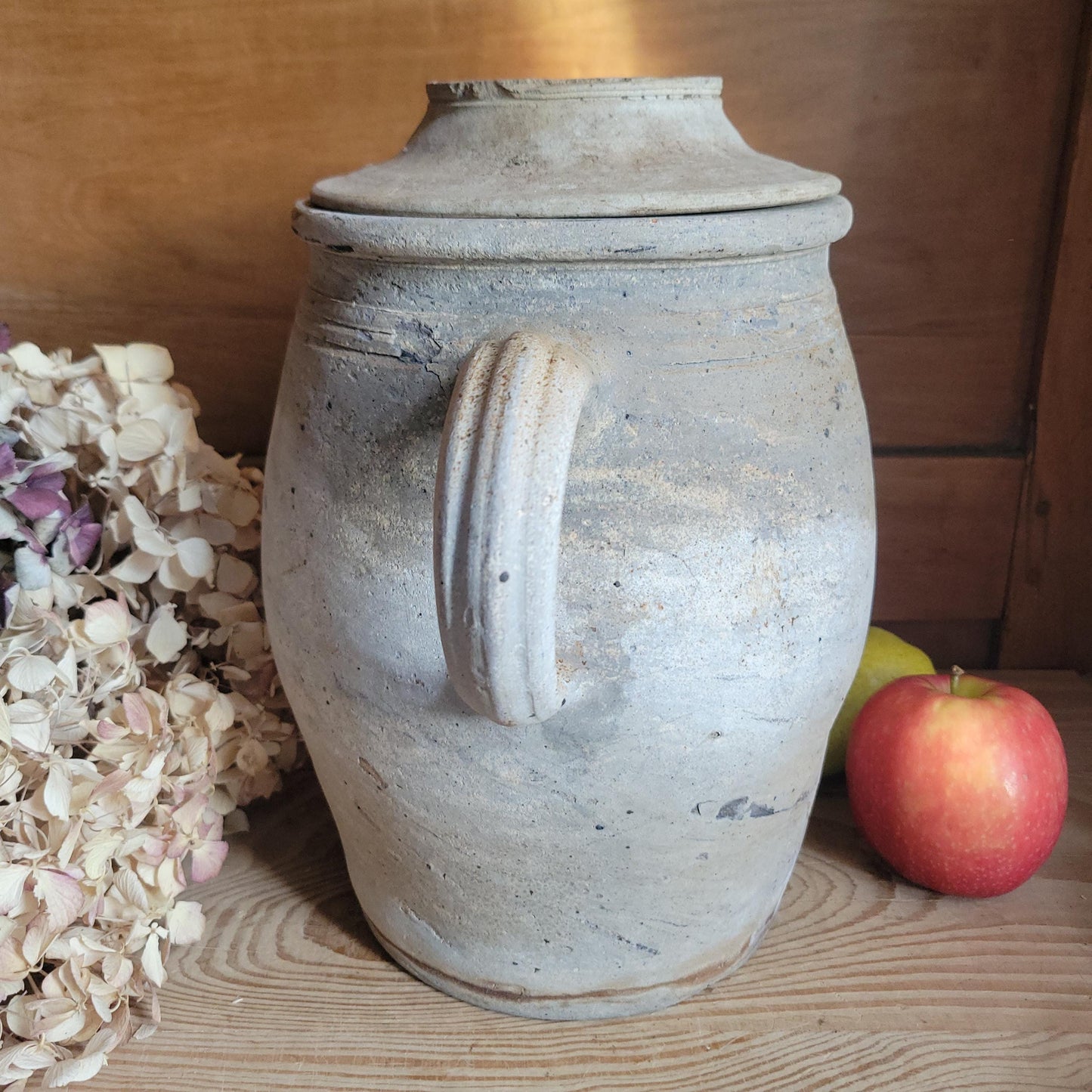 Antique Confit Pot, Two-Handled Ecru Stoneware with Brown Glaze, La Borne c.1920