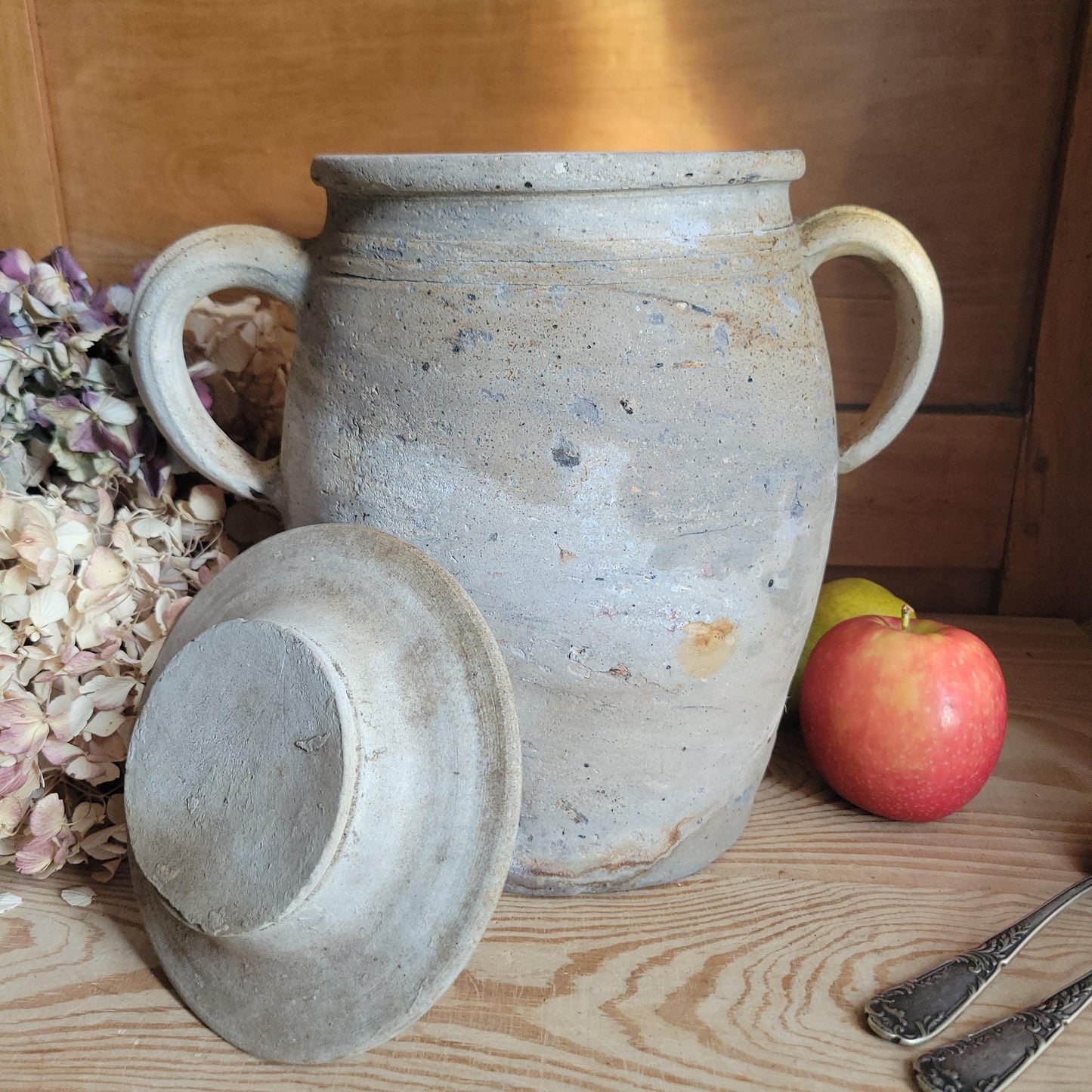 Antique Confit Pot, Two-Handled Ecru Stoneware with Brown Glaze, La Borne c.1920