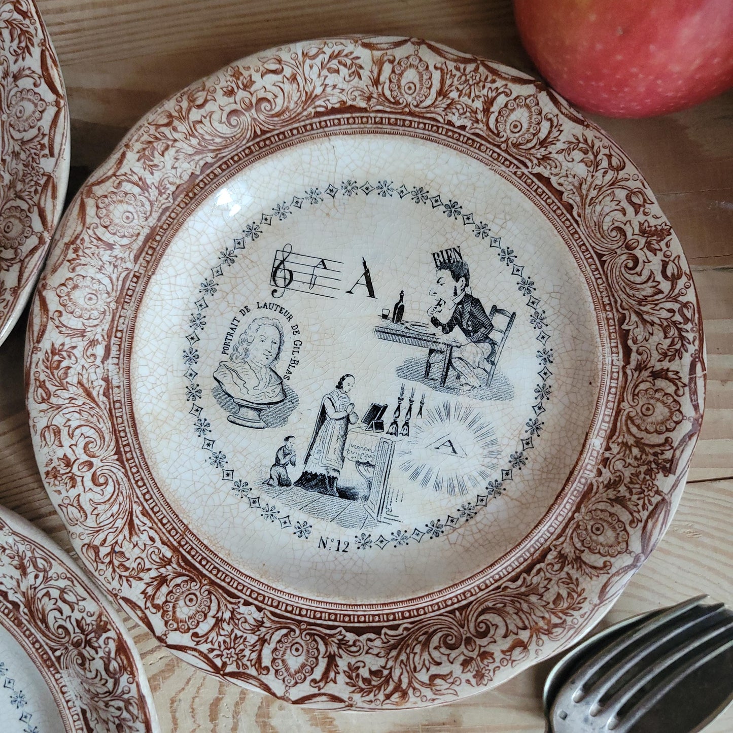 Set of Three Parlant Plates by Gien, Black and Brown Transferware with Musical and Riddle Themes, France c.1880