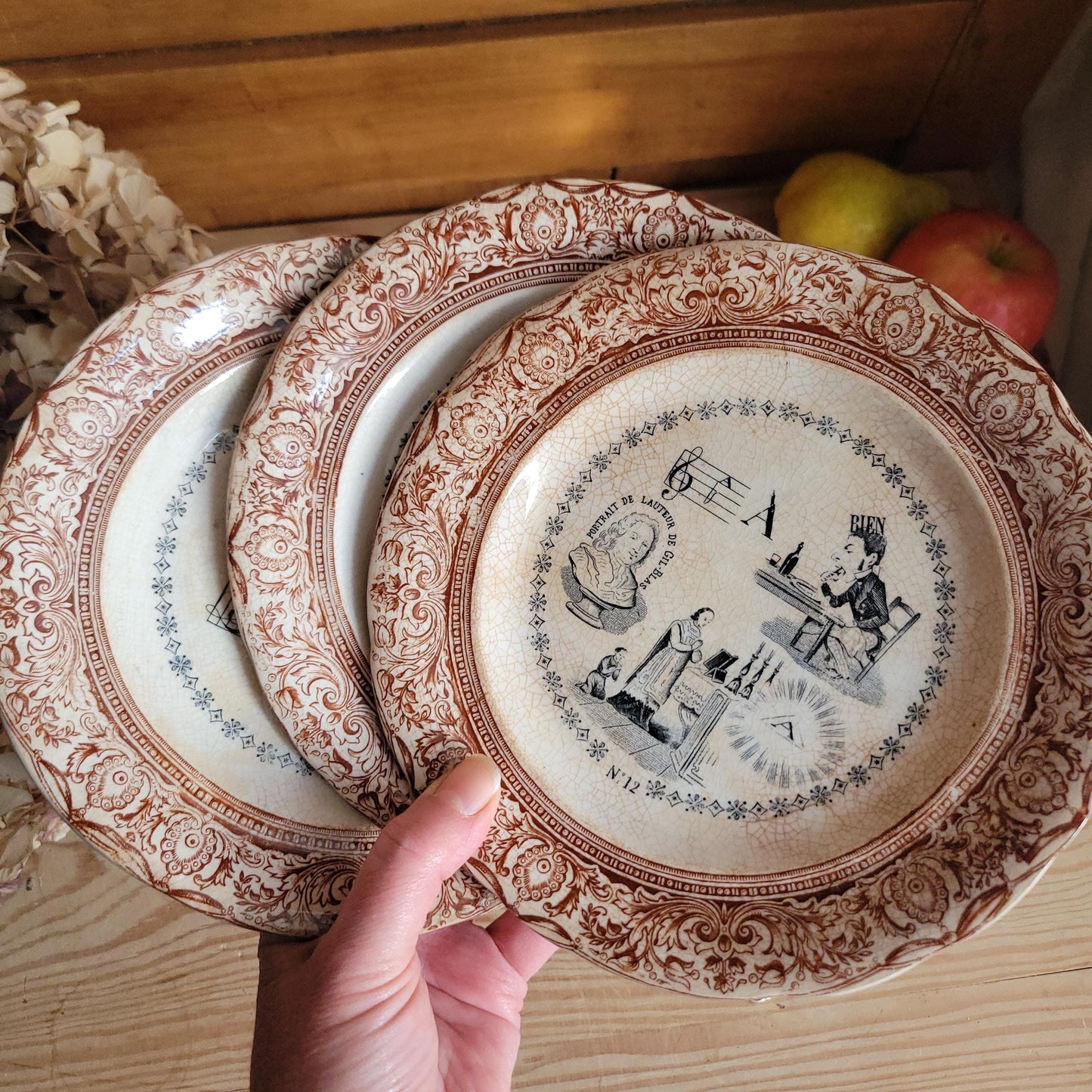 Set of Three Parlant Plates by Gien, Black and Brown Transferware with Musical and Riddle Themes, France c.1880