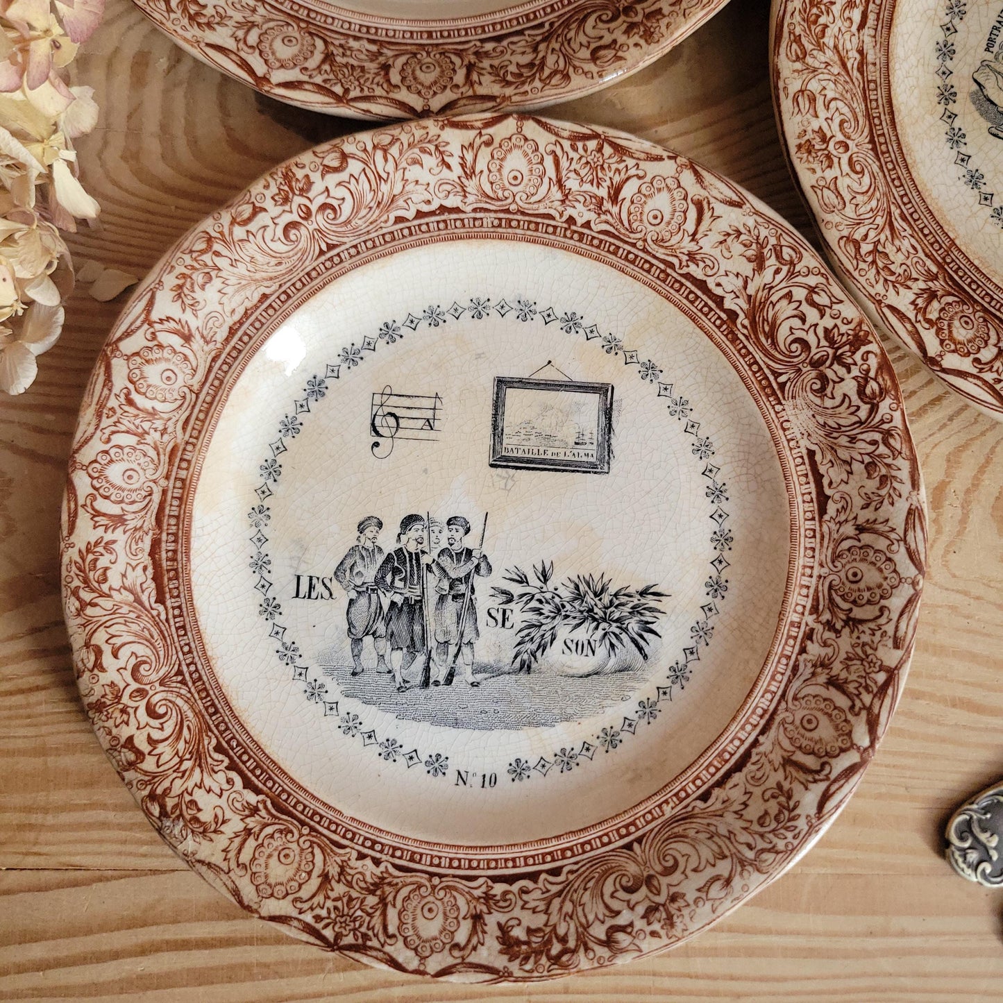 Set of Three Parlant Plates by Gien, Black and Brown Transferware with Musical and Riddle Themes, France c.1880