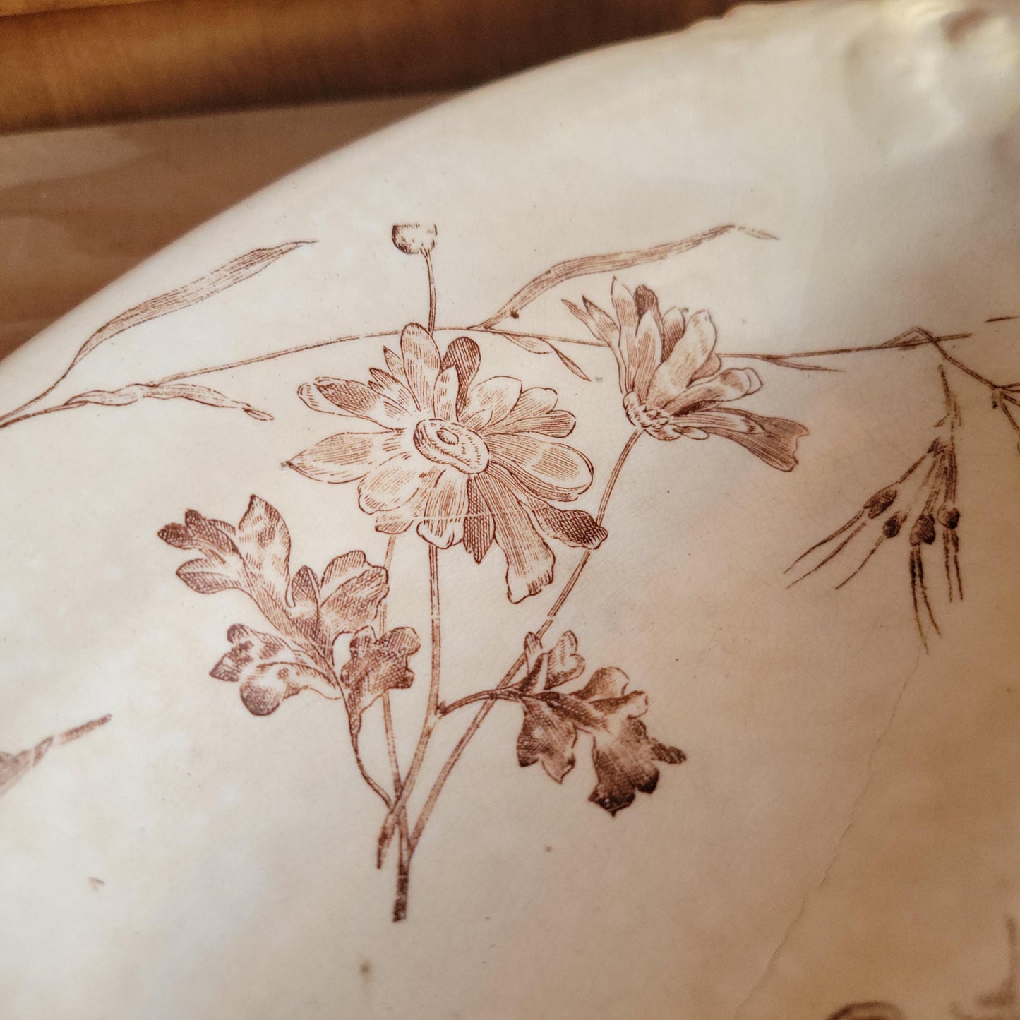 Antique Brown Transferware Oval Ravier Dish, Floral Design, Onnaing, France c.1890