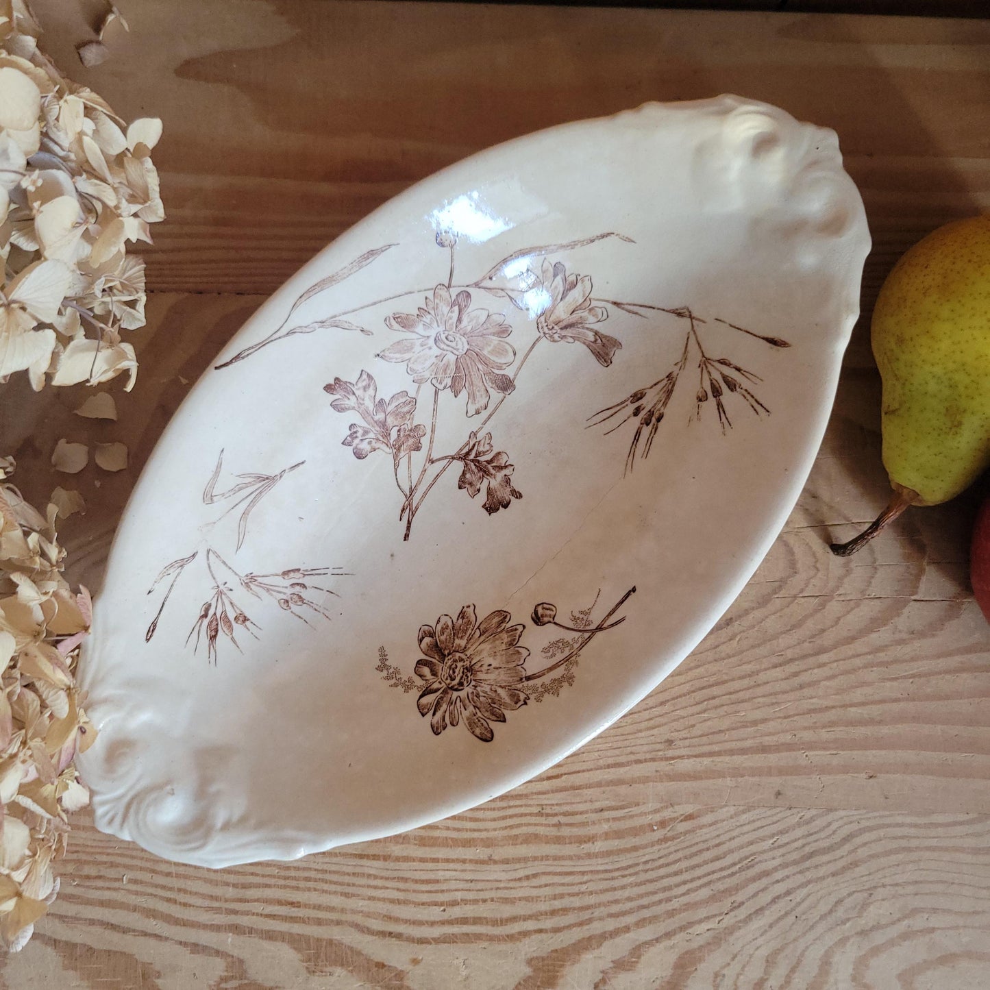 Antique Brown Transferware Oval Ravier Dish, Floral Design, Onnaing, France c.1890