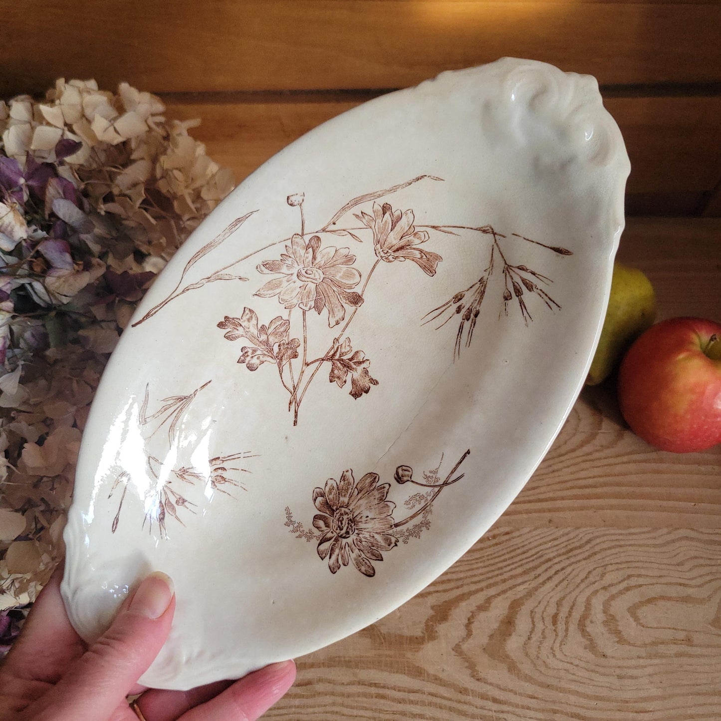 Antique Brown Transferware Oval Ravier Dish, Floral Design, Onnaing, France c.1890