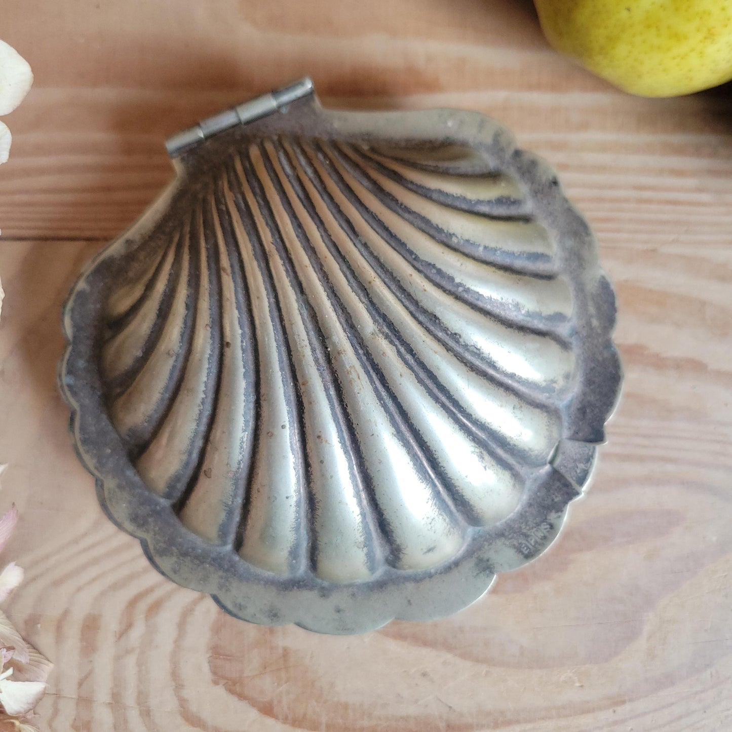 Small vintage scalloped-shaped butter dish with hinged lid France c 1950