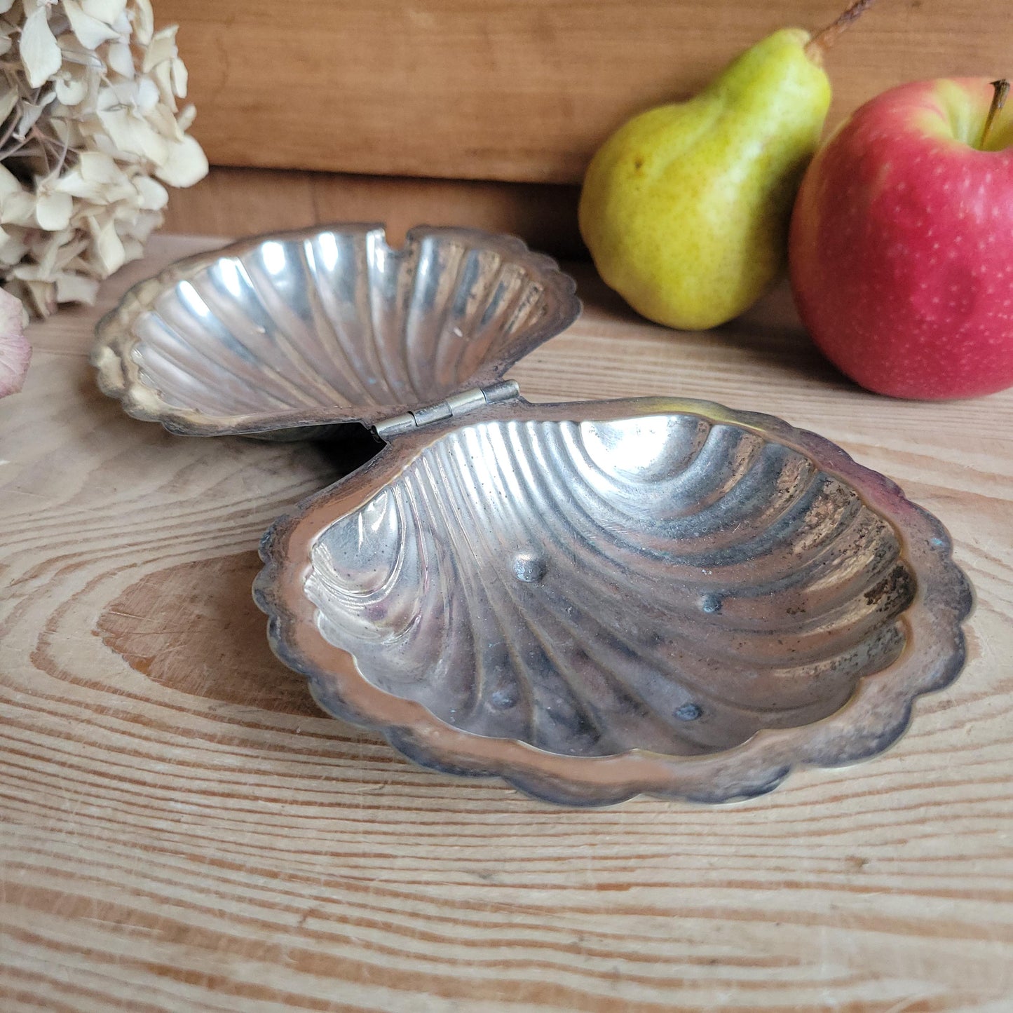 Small vintage scalloped-shaped butter dish with hinged lid France c 1950