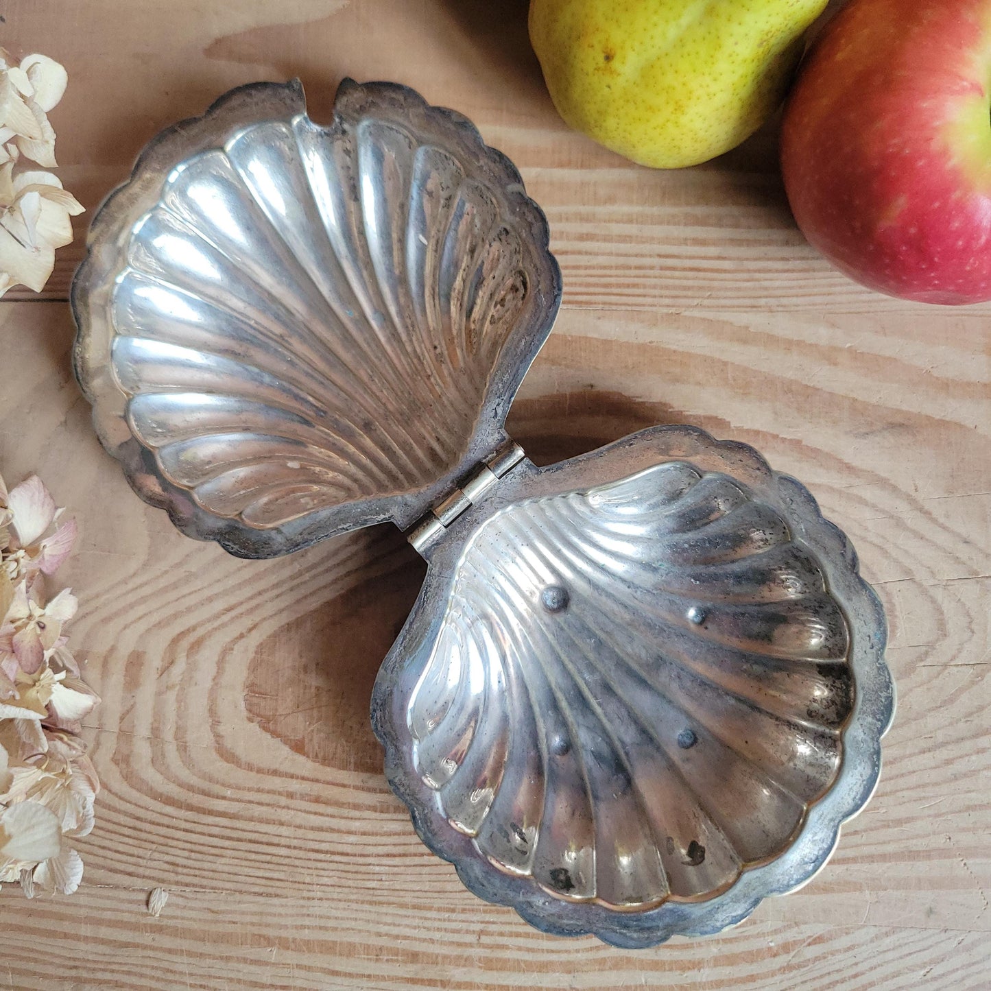 Small vintage scalloped-shaped butter dish with hinged lid France c 1950